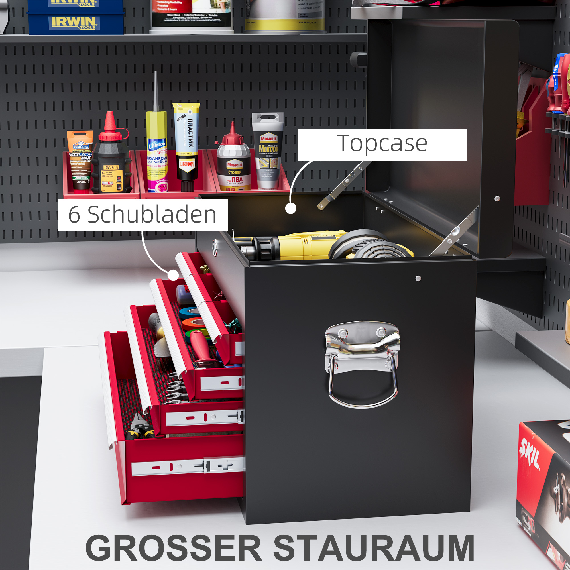 HOMCOM Gereedschapskist, afsluitbaar, 6 lades, stalen behuizing, 60x26x34cm, Rood+Zwart