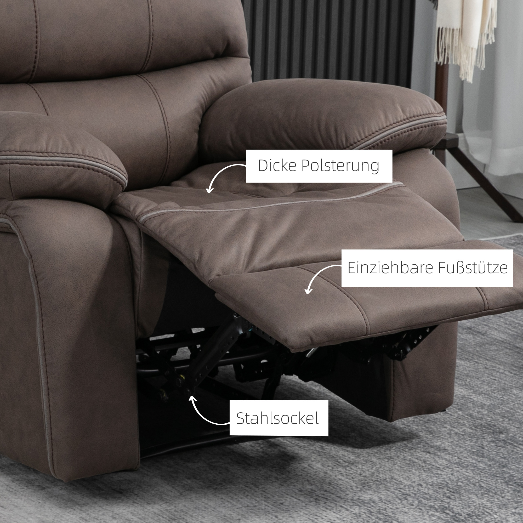 HOMCOM Relaxstoel met Voetsteun, Terugleunende Ontspanningsstoel, Microvezelbekleding in Lederlook, Metalen Structuur, Bruin