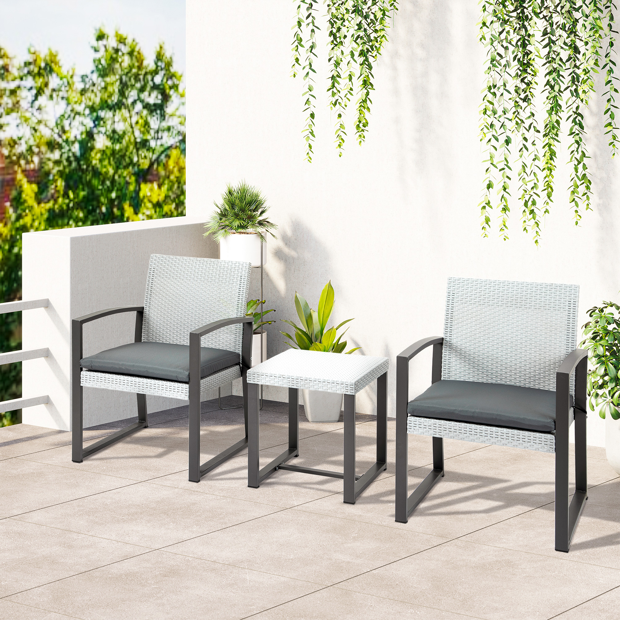 Outsunny poly rotan bistro set 3 st. Balkonmeubelset, tuinmeubelset met bijzettafel, tuinset, zitset met zitkussen, staal, zwart en grijs