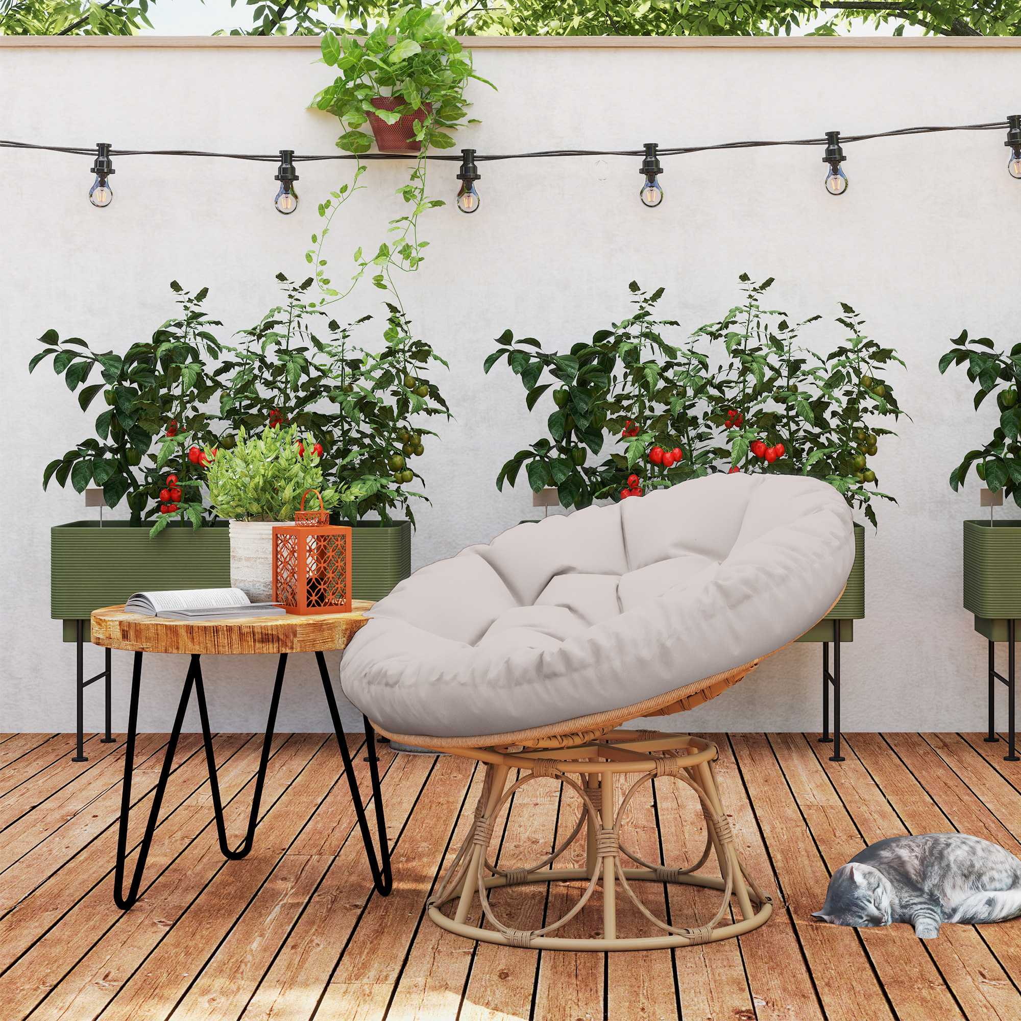 Outsunny Papasan Draaistoel Rotan 360° met Zitkussen, Ronde Buitenstoel