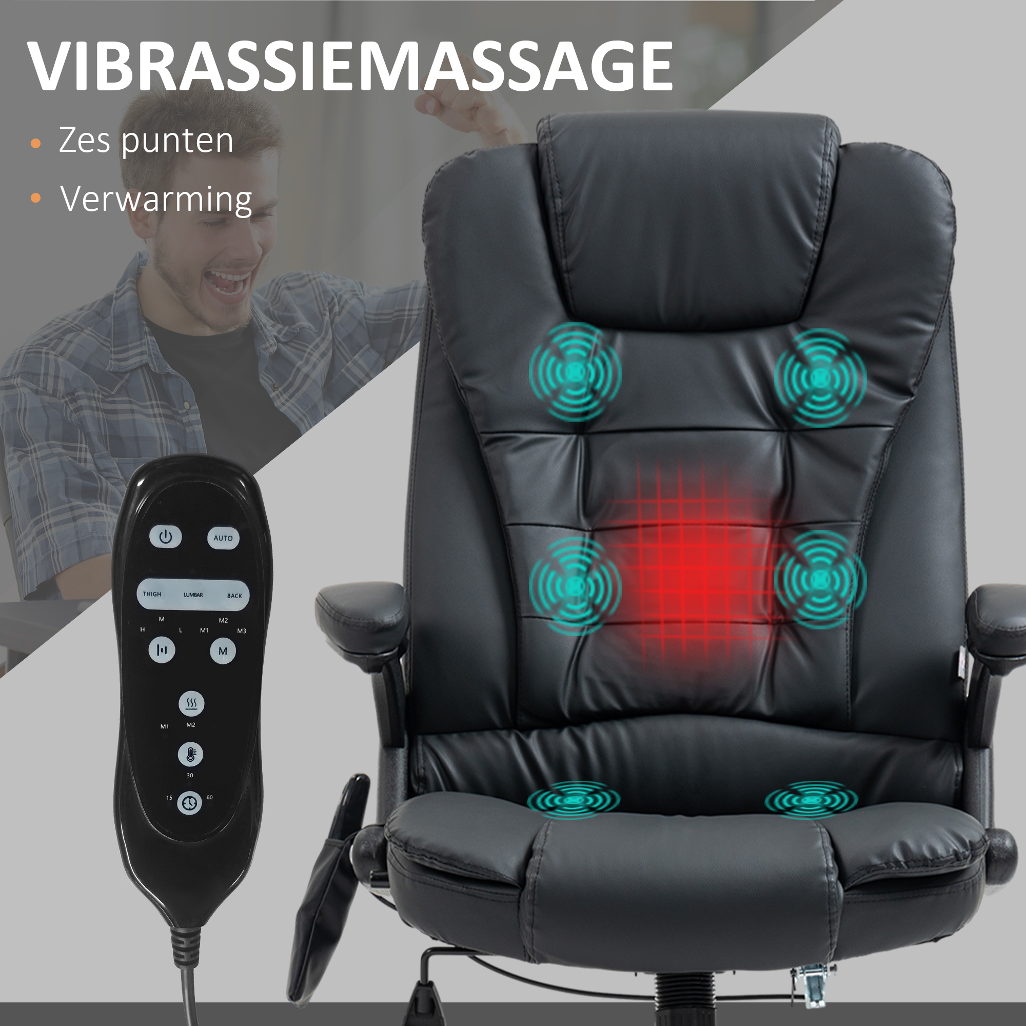 HOMCOM® directiestoel met massagefunctie bureaustoel kantoorstoel gaming stoel massagestoel met warmtefunctie vibratie op 6 punten draaibaar zwart