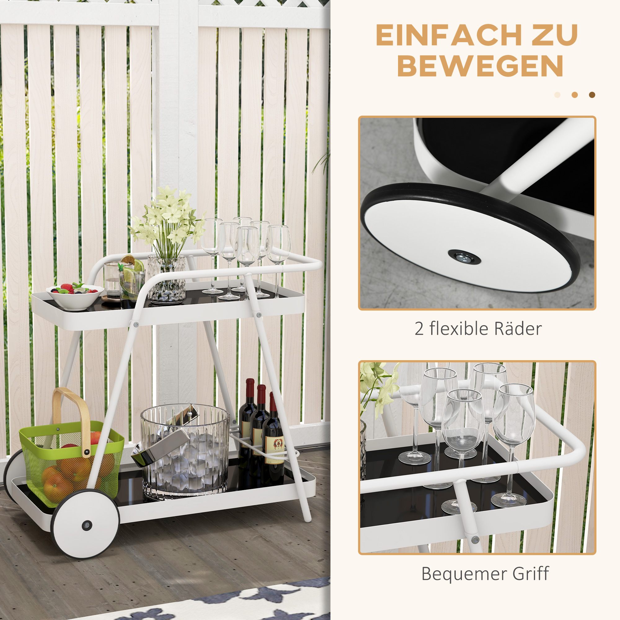Outsunny Buitenserveerwagen, 2-laags, wijnrek, stalen frame, 86,5 x 51 x 78 cm, Zwart/Wit