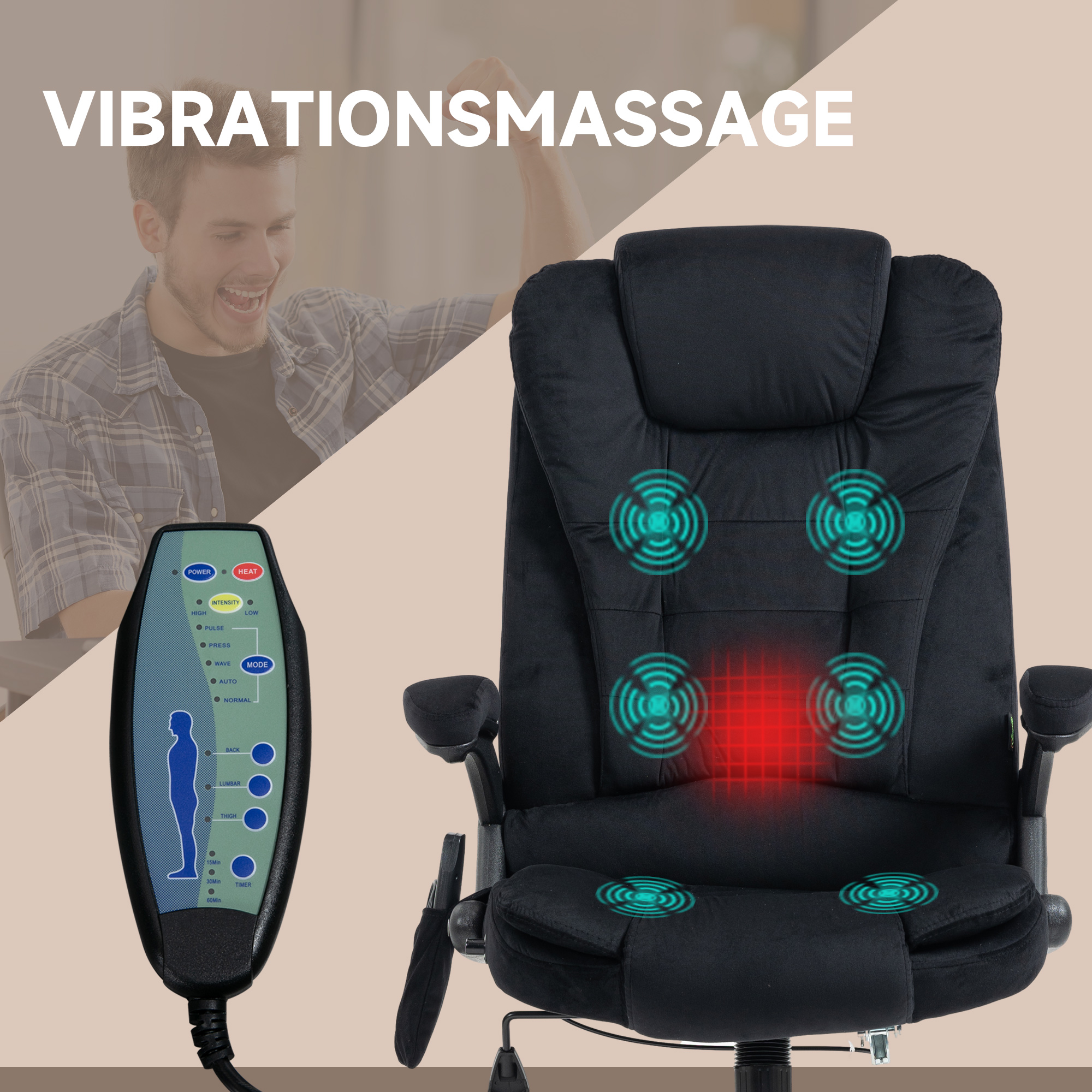 Vinsetto Bureaustoel met Massage- & Verwarmingsfunctie, Ergonomisch, Hoogteverstelbaar, Zwart