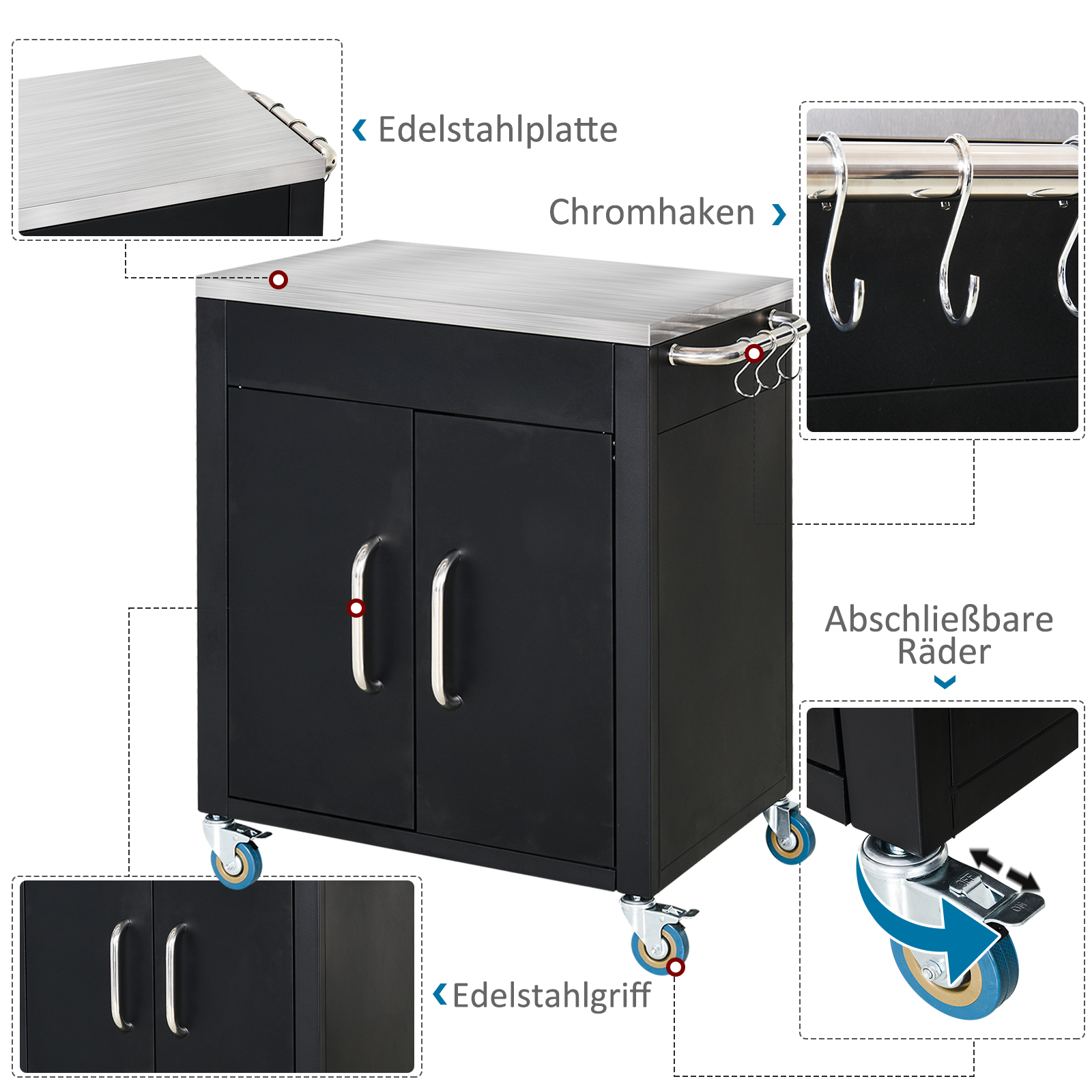 HOMCOM keukenwagen met wielen, serveerwagen, keukenhulp, rvs, zwart, 86 x 50 x 84,5 cm