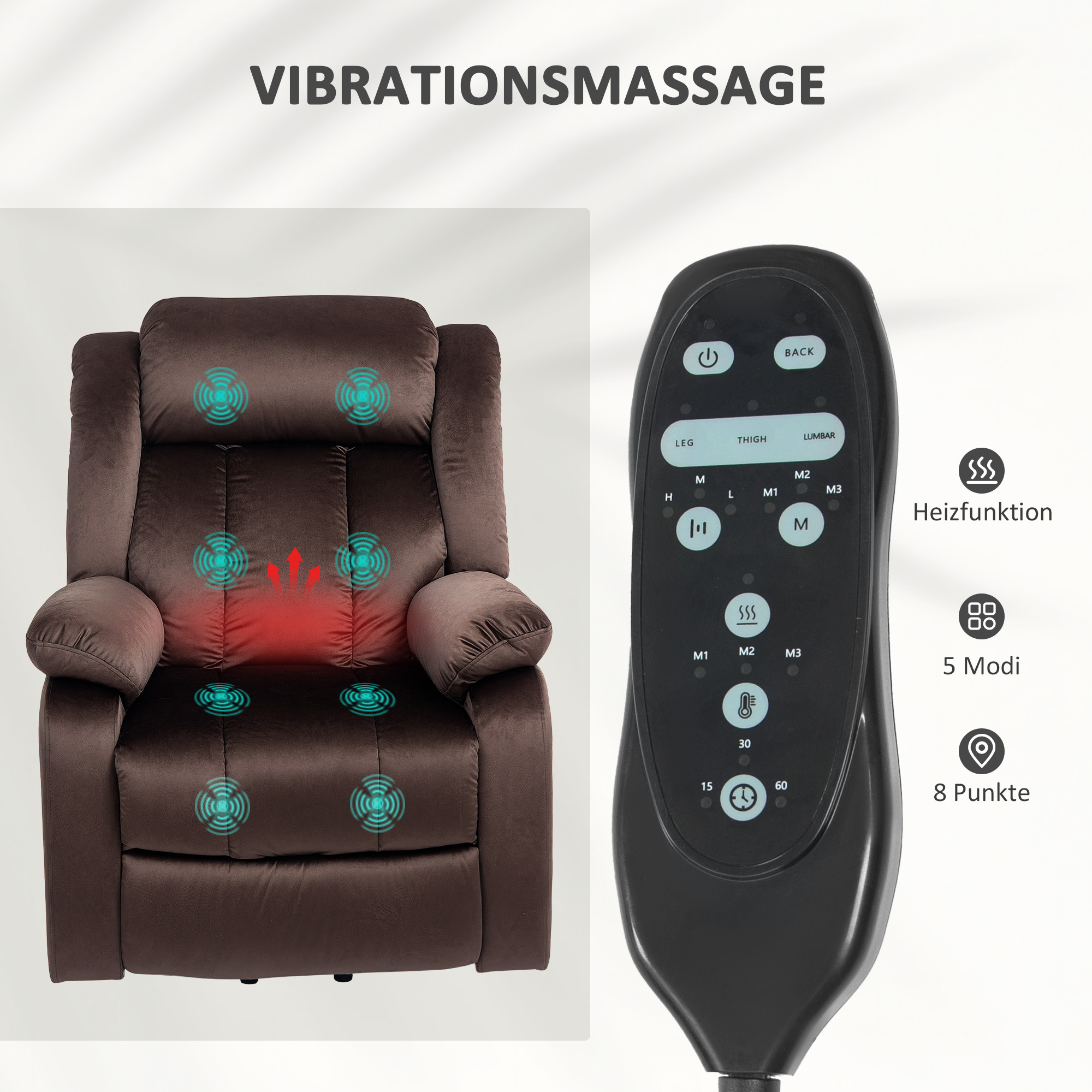 HOMCOM Opstaanstoel met Massagefunctie en Lendenverwarming, Relaxstoel met Afstandsbedieningen en Zijzakken, Bruin
