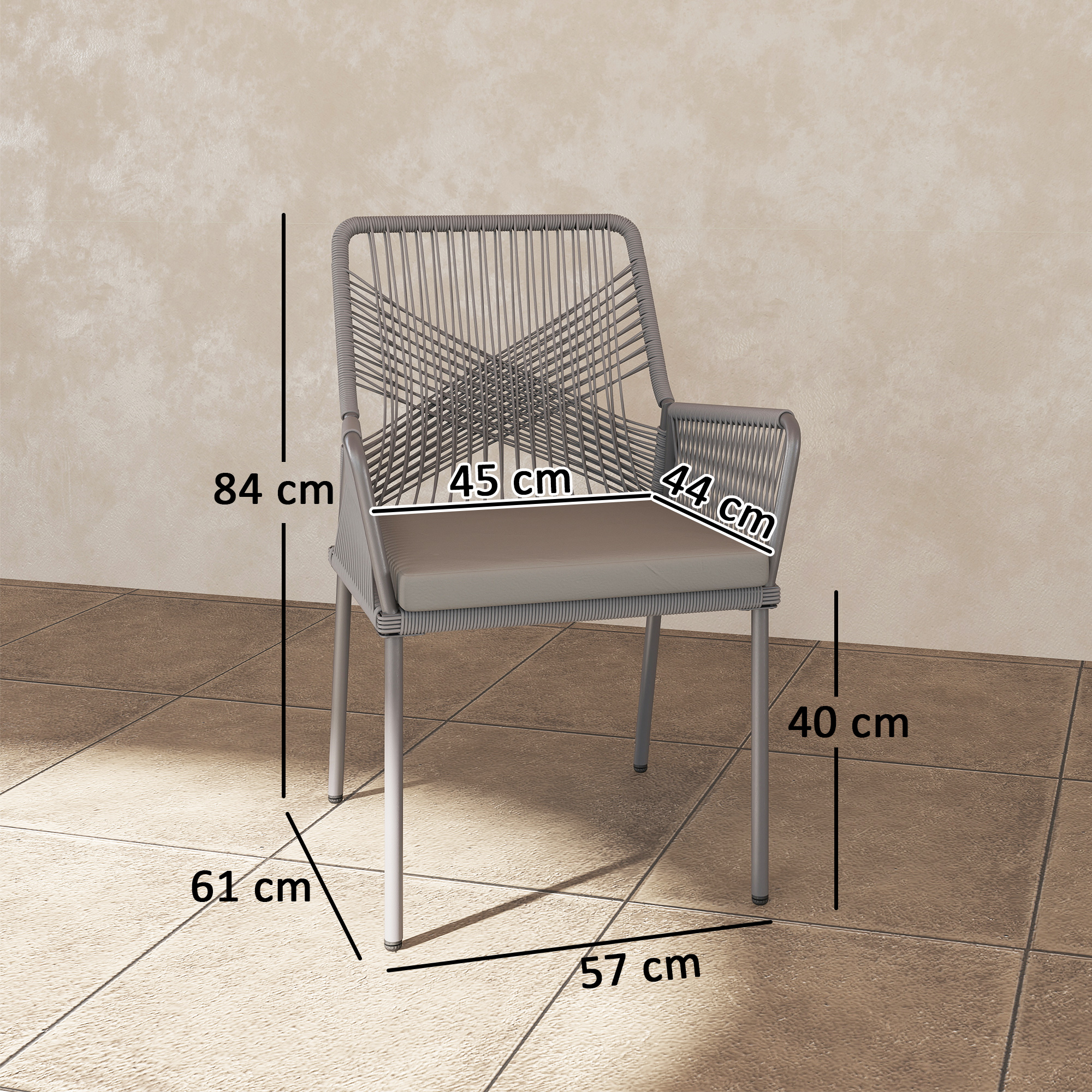 Outsunny Set van 2 Tuinstoelen, Terrasstoelen met Wasbare Kussens, Rug- en Armleuningen, Staal, Rattan, Donkergrijs