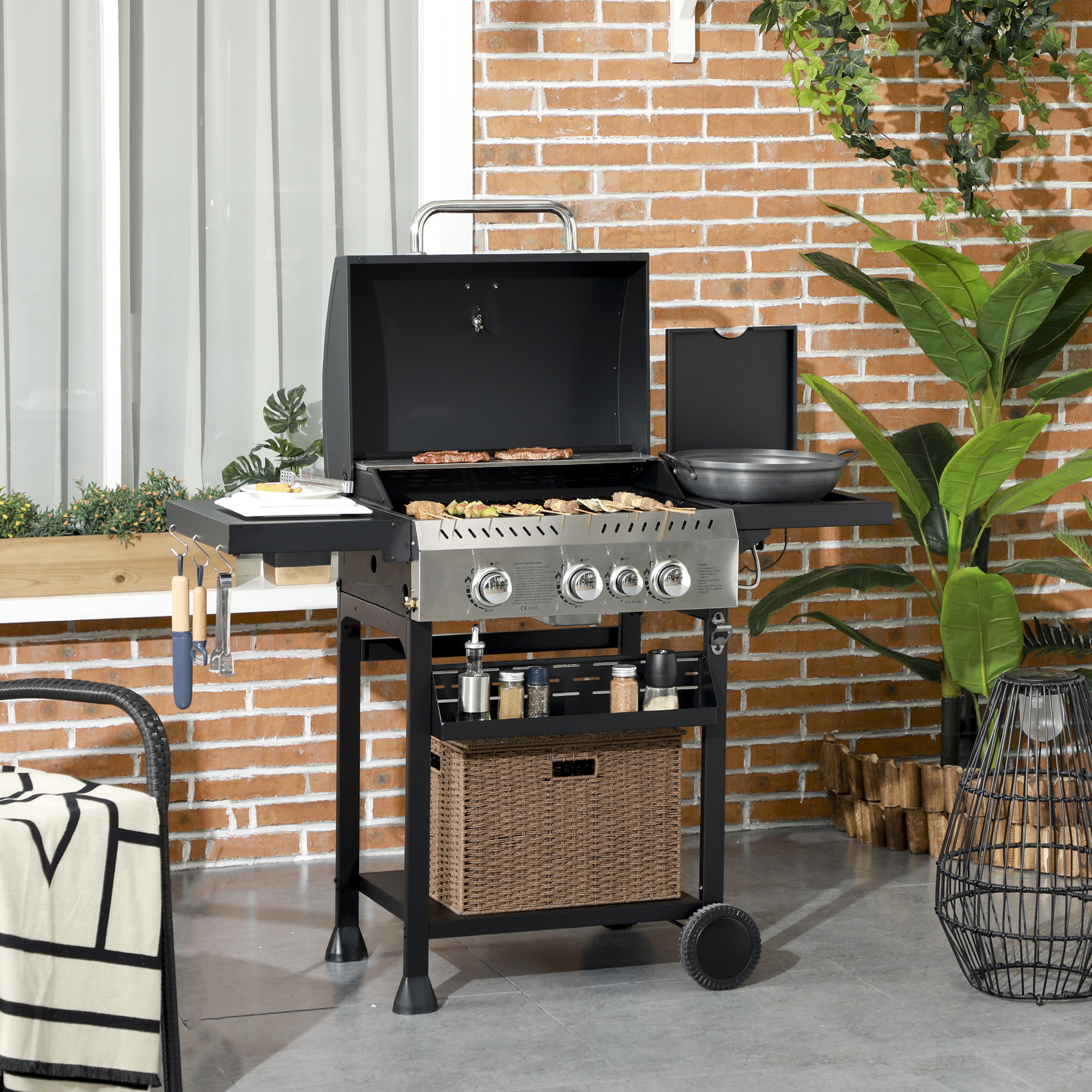 Outsunny Gasgrill, BBQ-Grill, 4 Hoofdbranders, 1 Zijbrander, 1 Warmhoudplaat; 123 x 52 x 101cm, Zwart