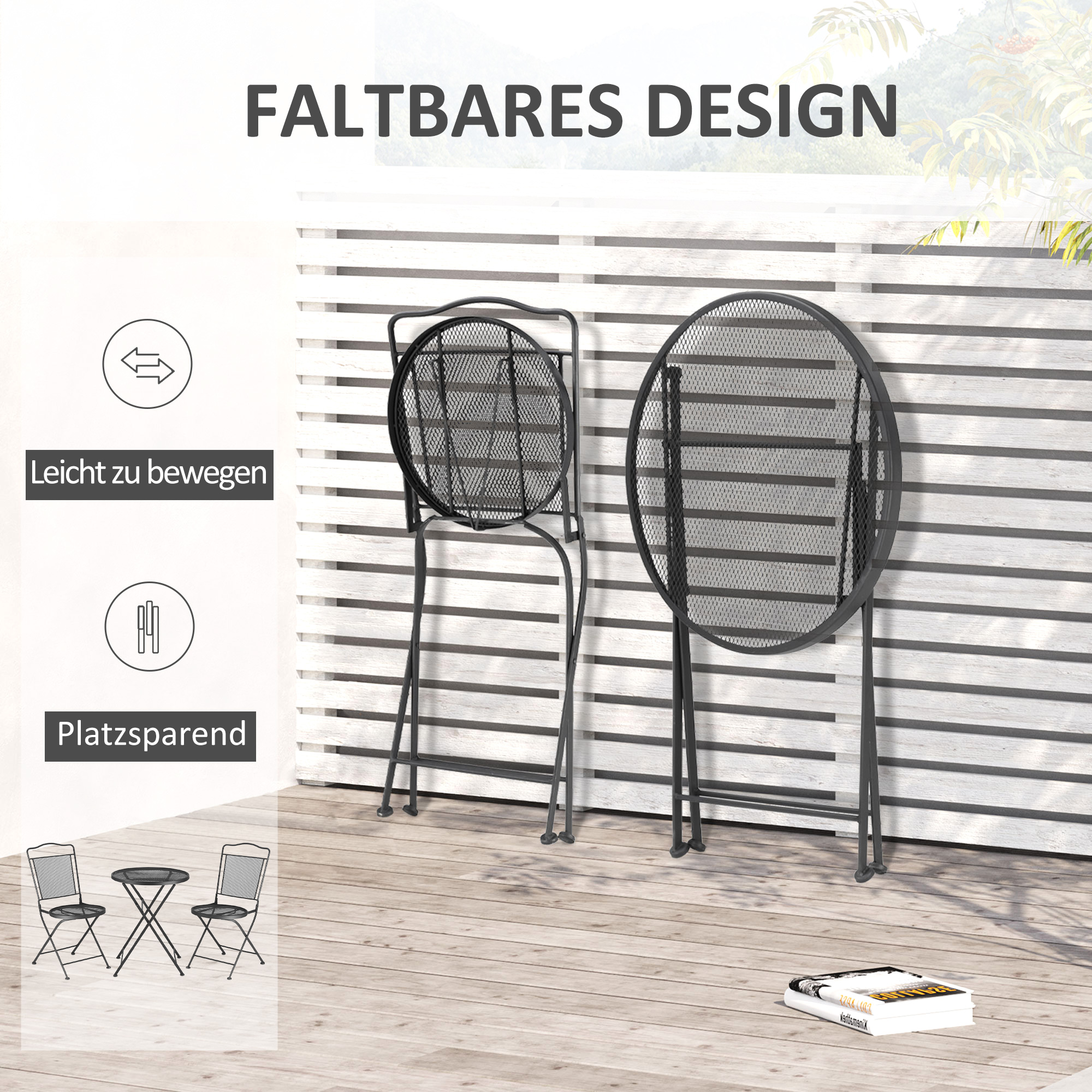 Outsunny zitgroep, 3-delige eetset, bistroset, tuinmeubelset, balkonmeubelset, 1 tafel + 2 stoelen met parasolgat, terras, metaal, zwart