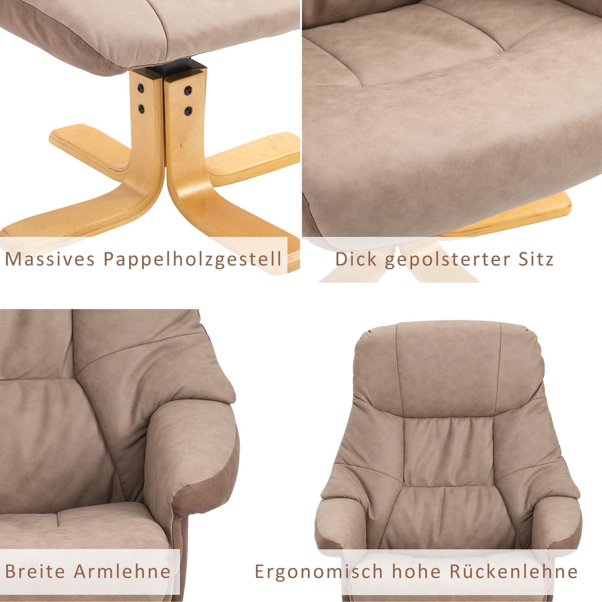 HOMCOM Relaxstoel met voetenbank, 360° draaibaar, 135° kantelbaar, ademende bekleding, 78 x 82,5 x 109 cm, bruin