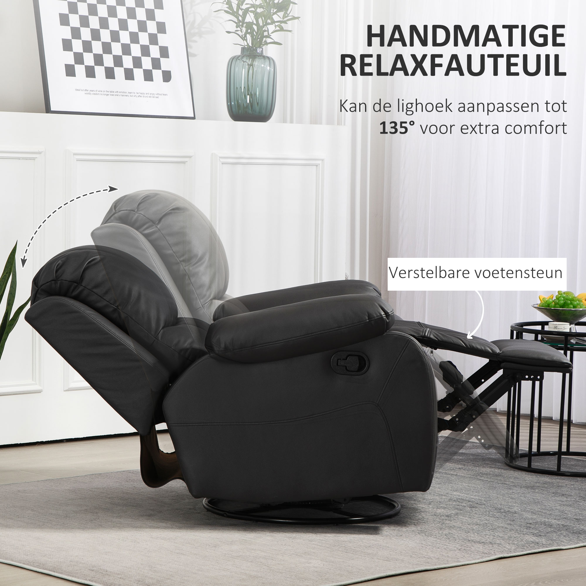 HOMCOM Relaxstoel, Verstelbare Leuning & Voetsteun, Draaibaar, tot 150 kg, Stalen Frame, 93x100x98cm, Zwart