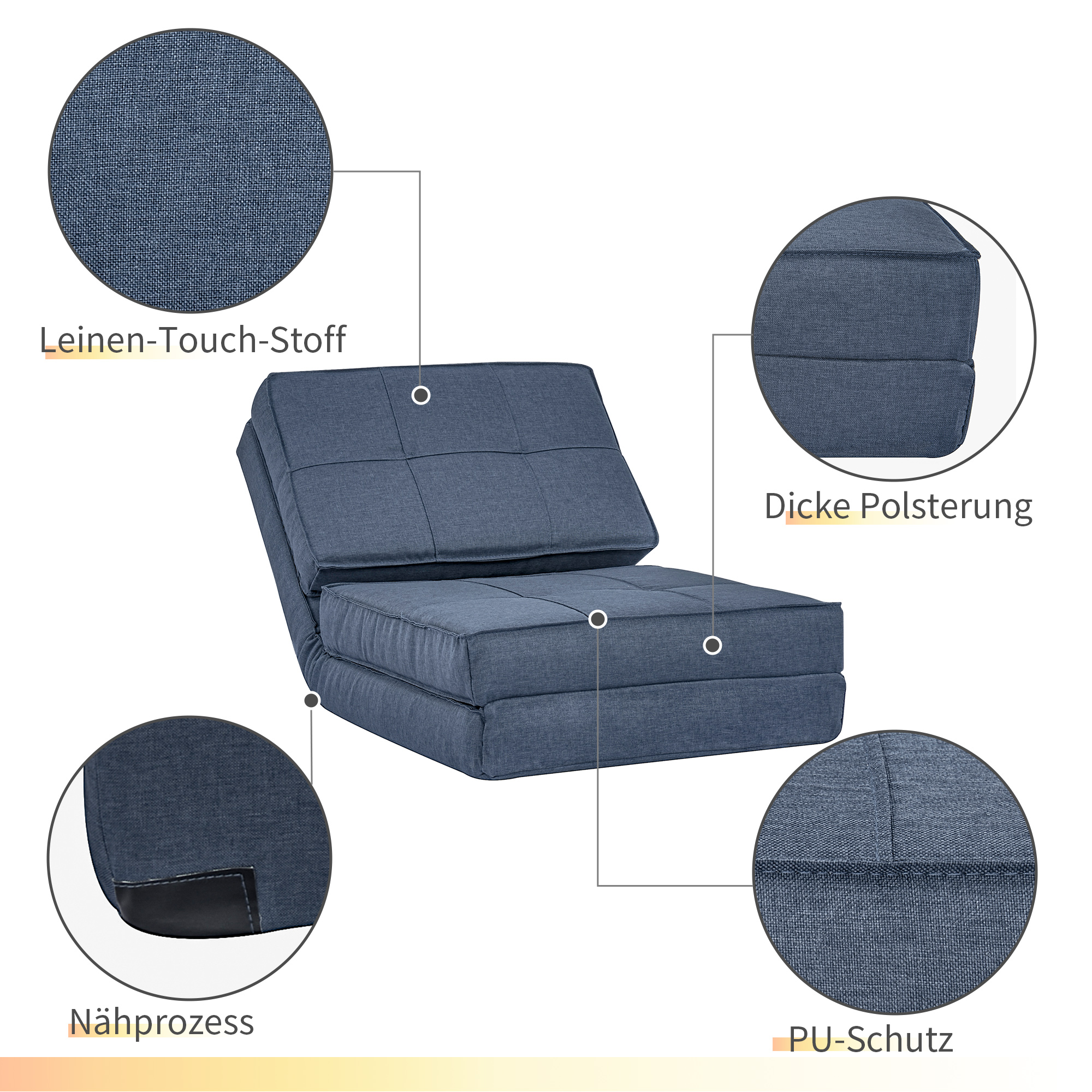 HOMCOM 3-in-1 vloerbank, opvouwbaar, linnen look, donkerblauw, 61 x 73 x 58 cm