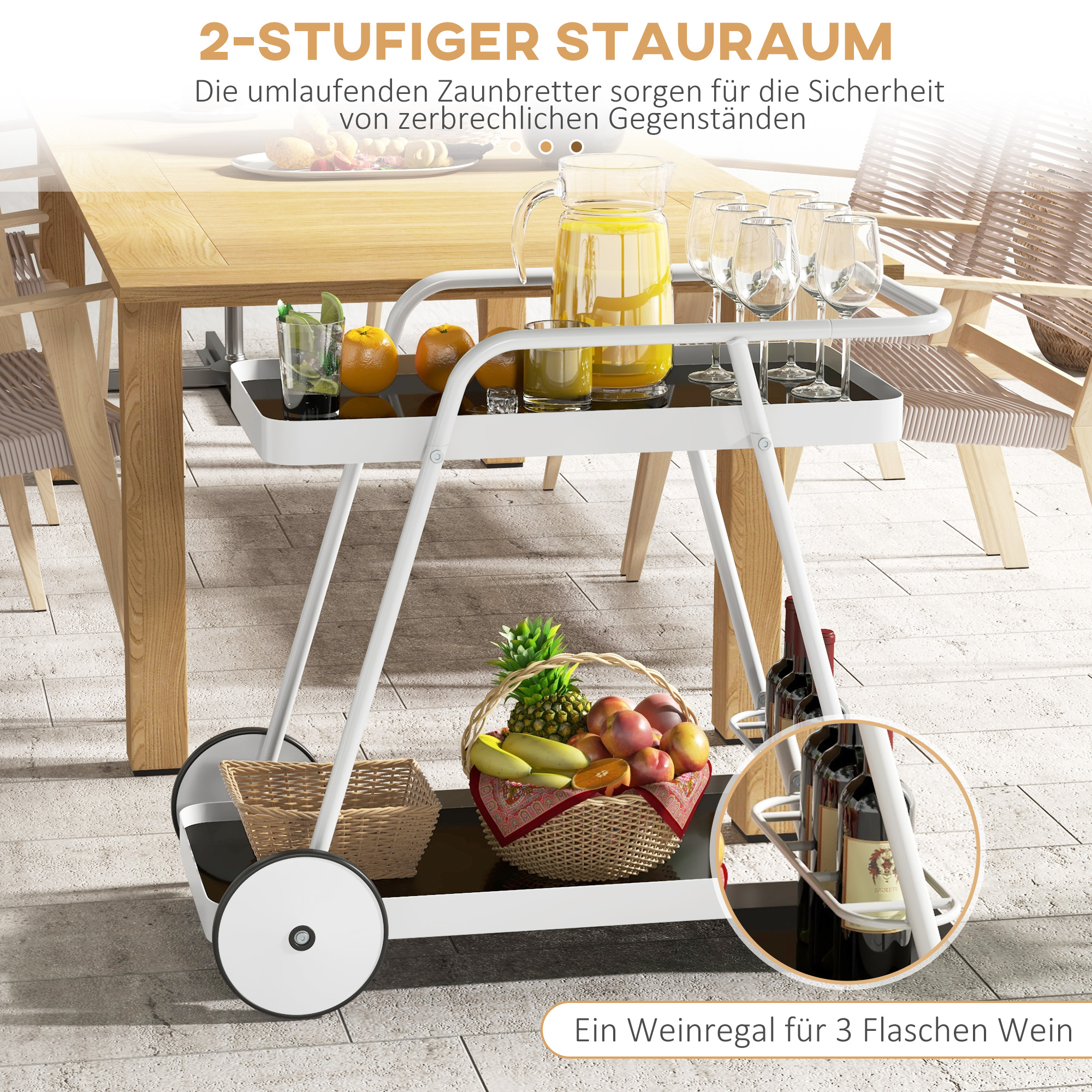 Outsunny Buitenserveerwagen, 2-laags, wijnrek, stalen frame, 86,5 x 51 x 78 cm, Zwart/Wit