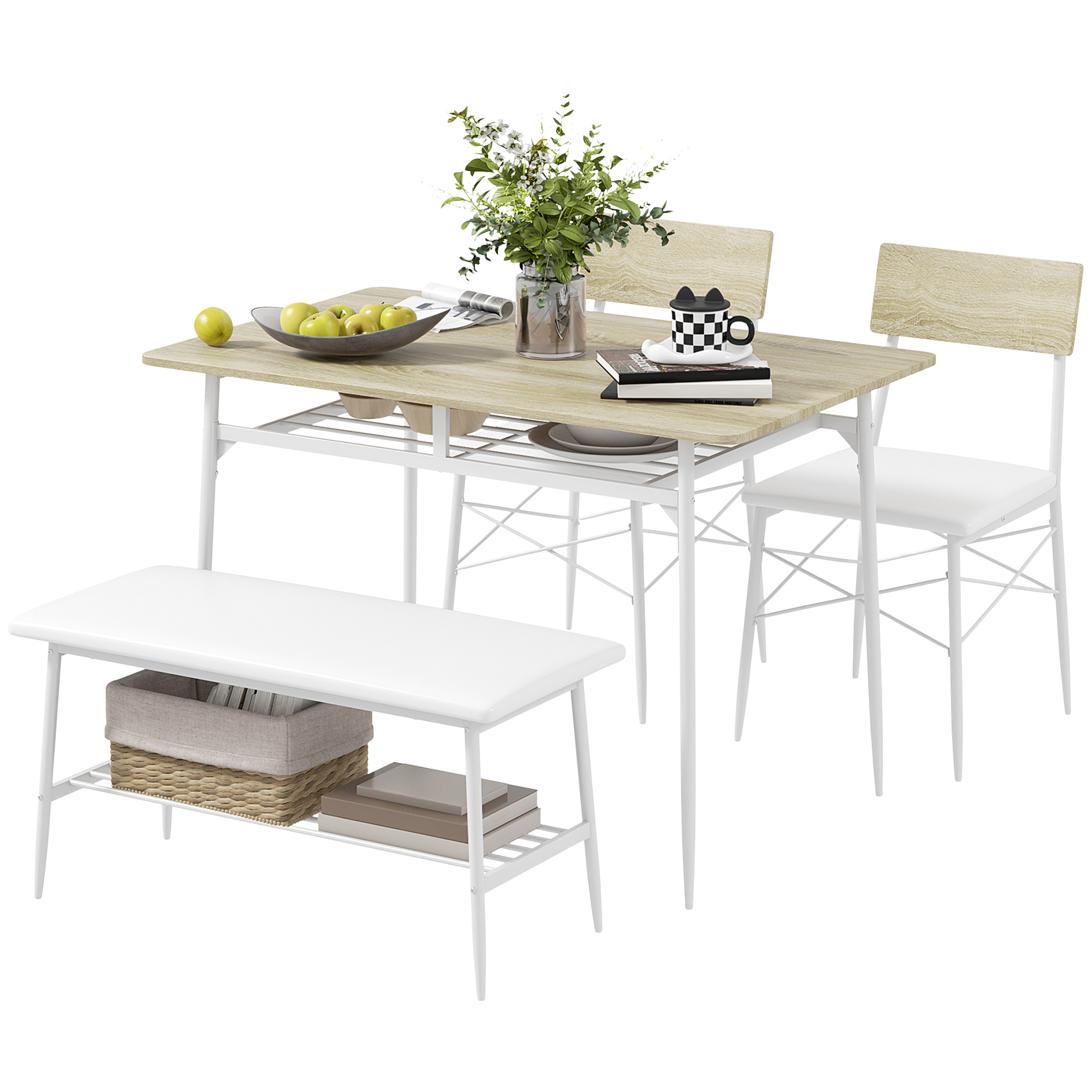 HOMCOM 4-delige Eettafelset met Stoelen en Bank voor 4 Personen, Gepolsterde Zittingen, Staalframe, Hout, Wit