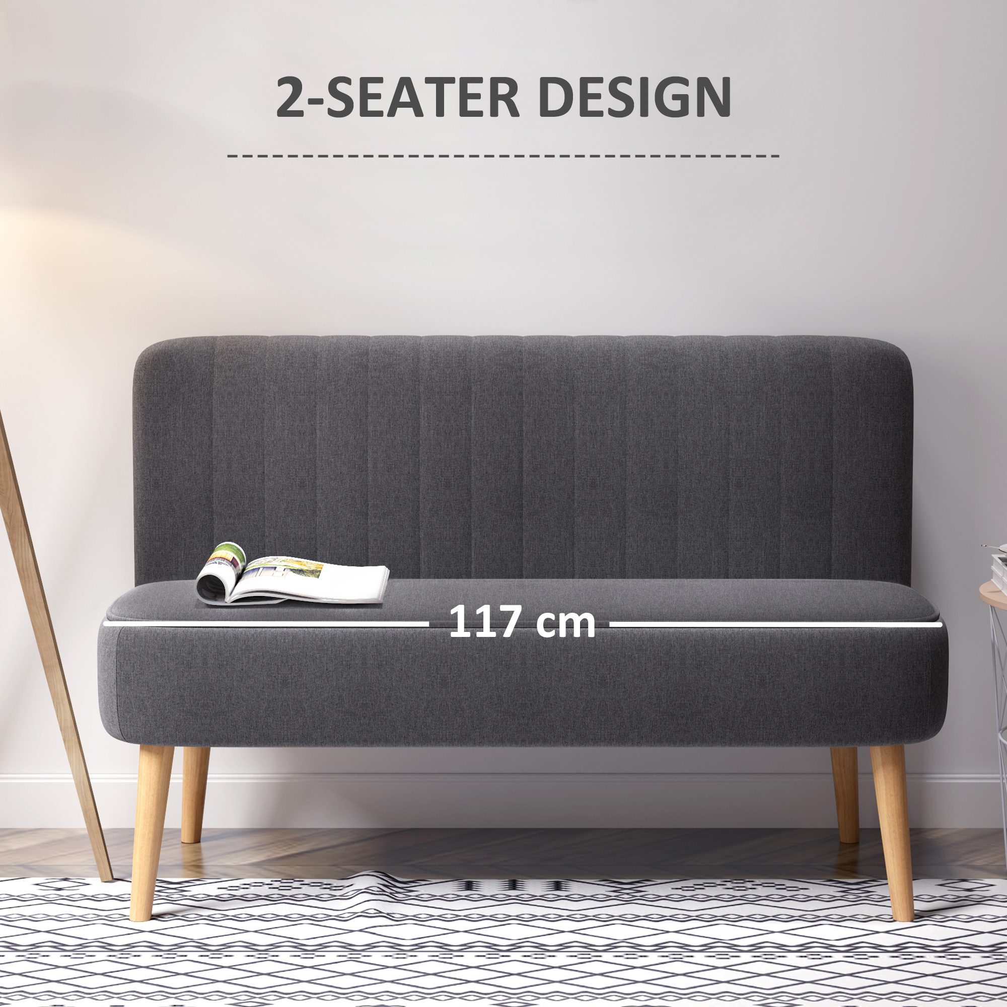 HOMCOM Sofa Retrodesign 2-zitsbank, houten poten, 117 cm x 56,5 cm x 77 cm, Donkergrijs