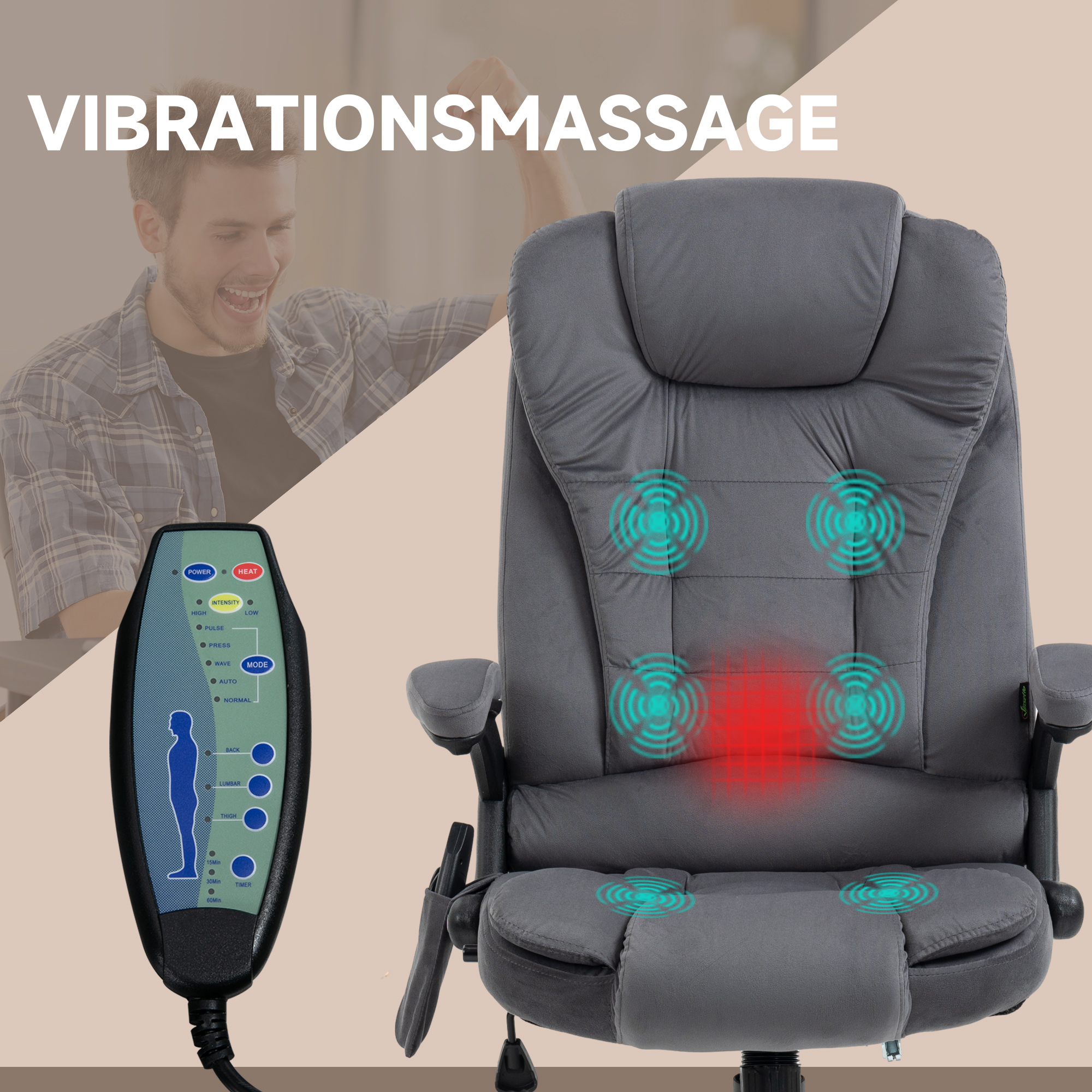 Vinsetto Bureaustoel met Massage- & Verwarmingselement, ergonomisch, in hoogte verstelbaar, Donkergrijs