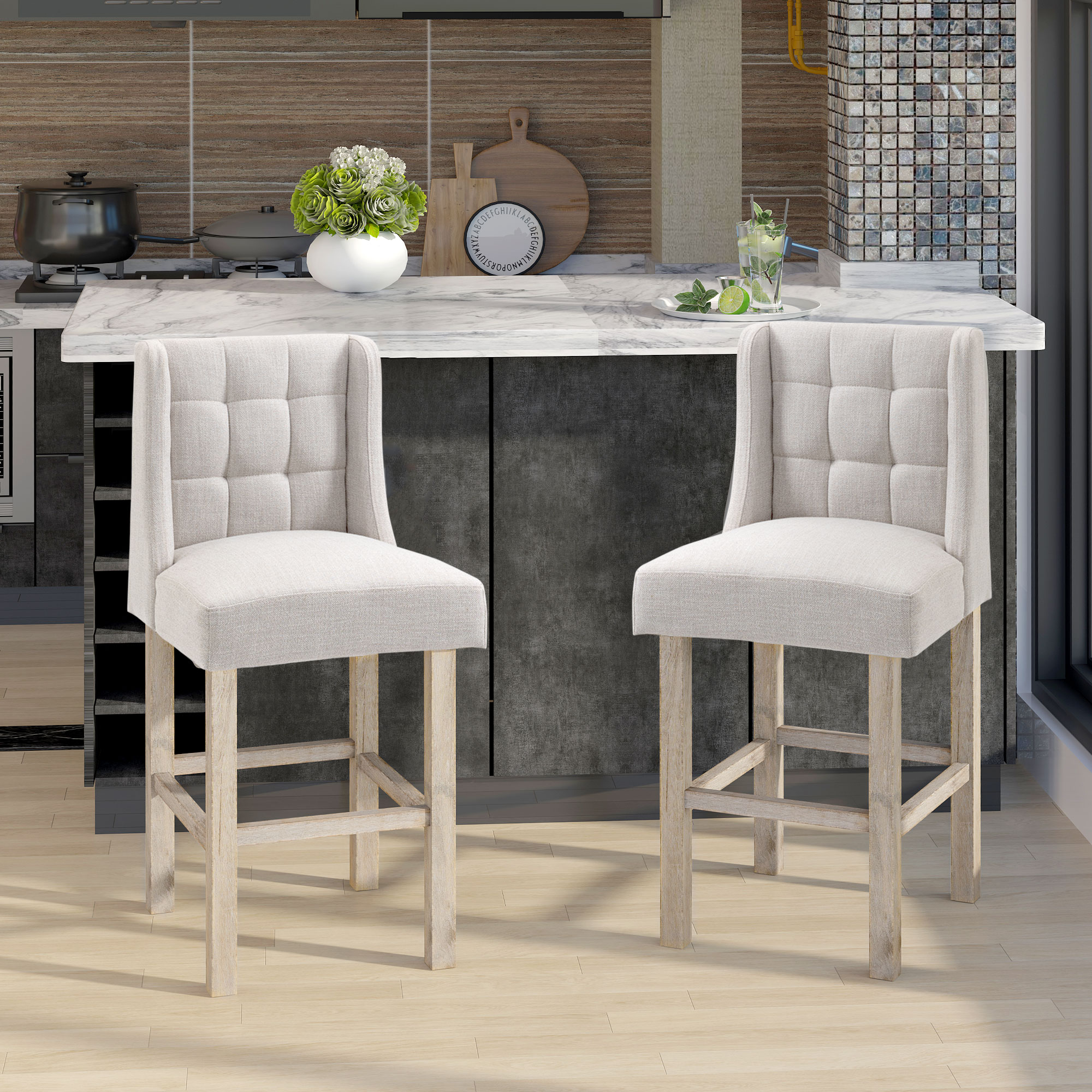 HOMCOM set van 2 barkrukken moderne keukenstoelen barkrukken voor keuken met lage rugleuning linnen touch rubberhout beige 47 x 50 x 101 cm