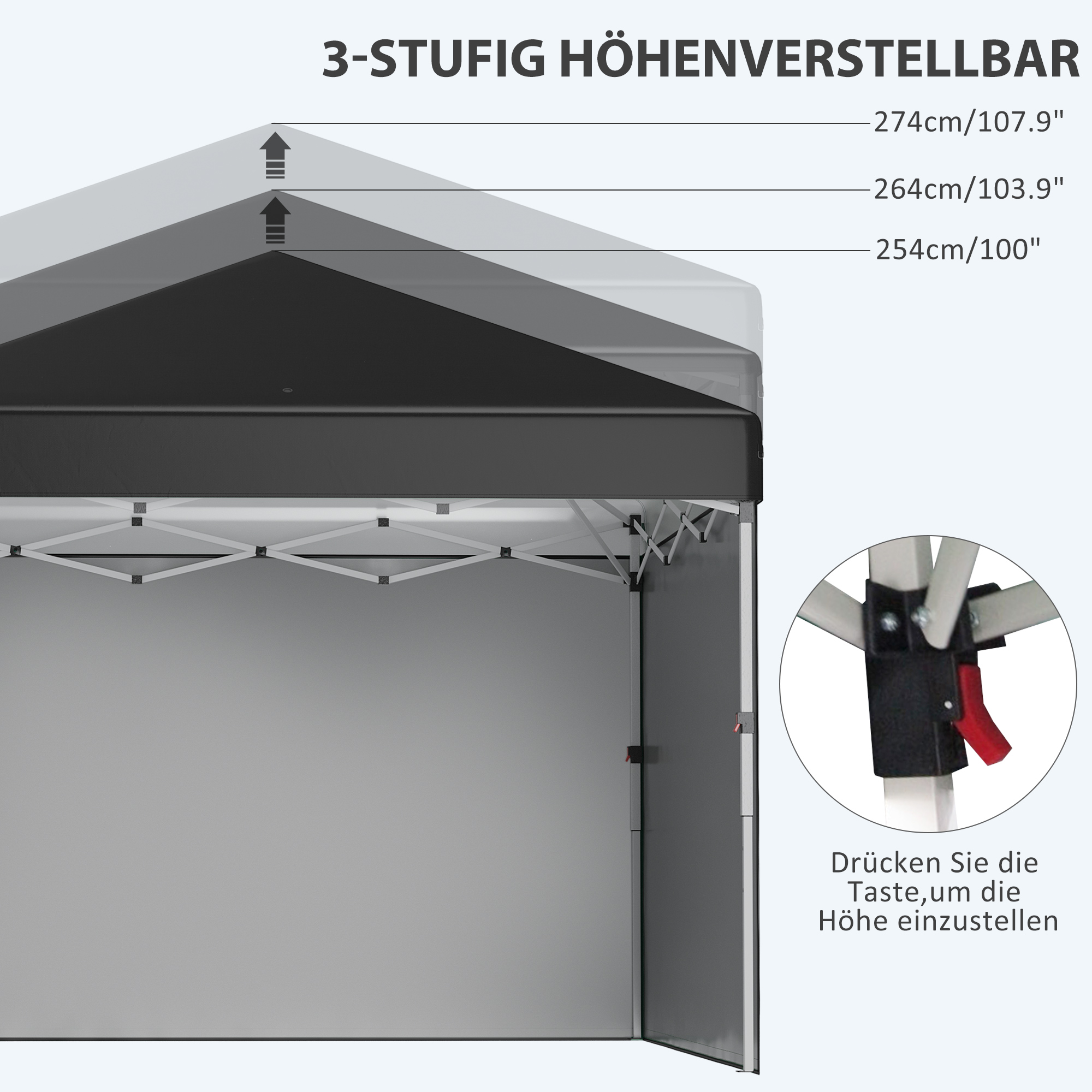 Outsunny Opvouwbare paviljoen met 2 zijwanden, verstelbare hoogte, inclusief draagtas, roestvrij stalen frame, 3x3 m, Zwart