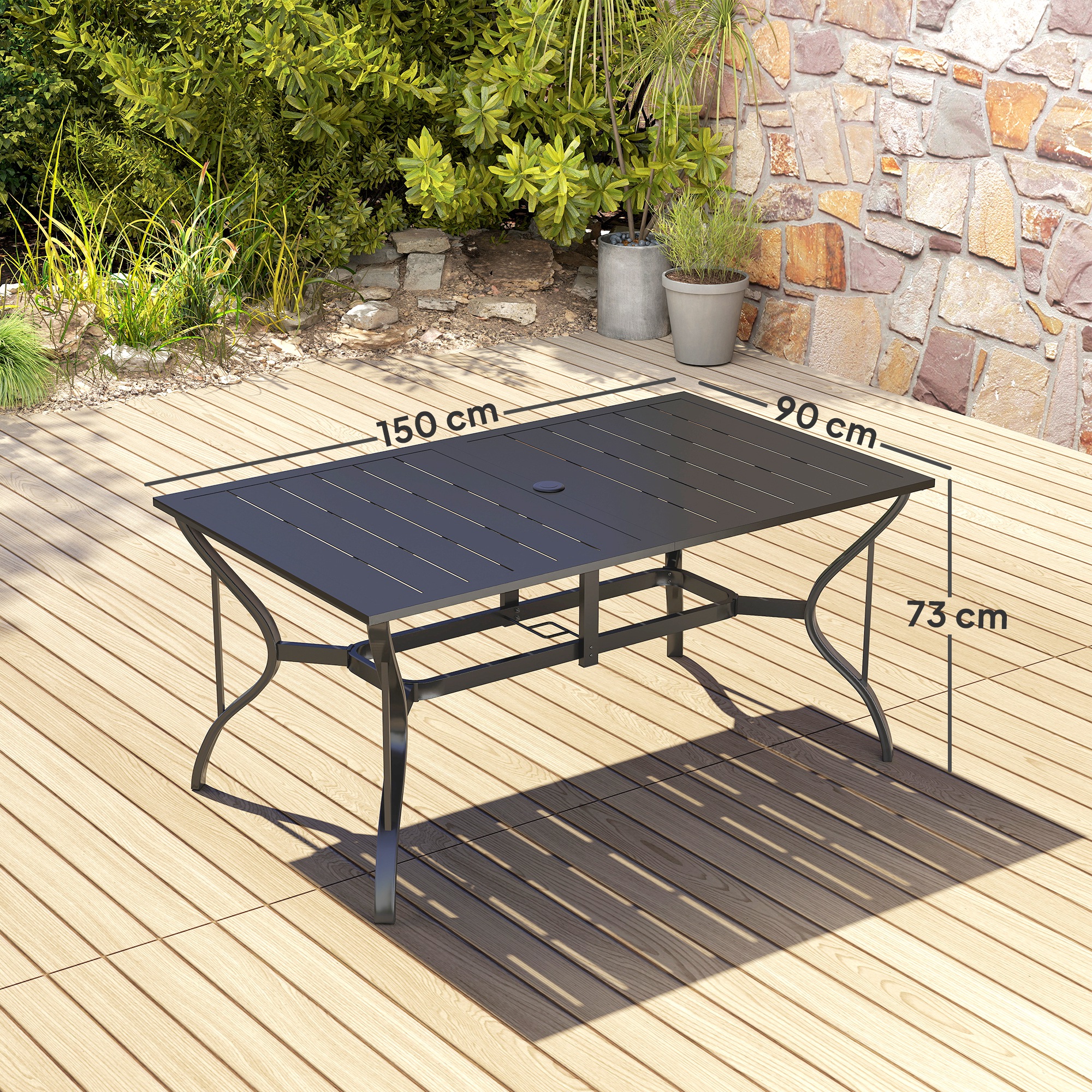 Outsunny Tuintafel Staal 150x90 cm Weerbestendige Balkontafel met Parasolgat, Lamellendesign voor 6 Personen Zwart