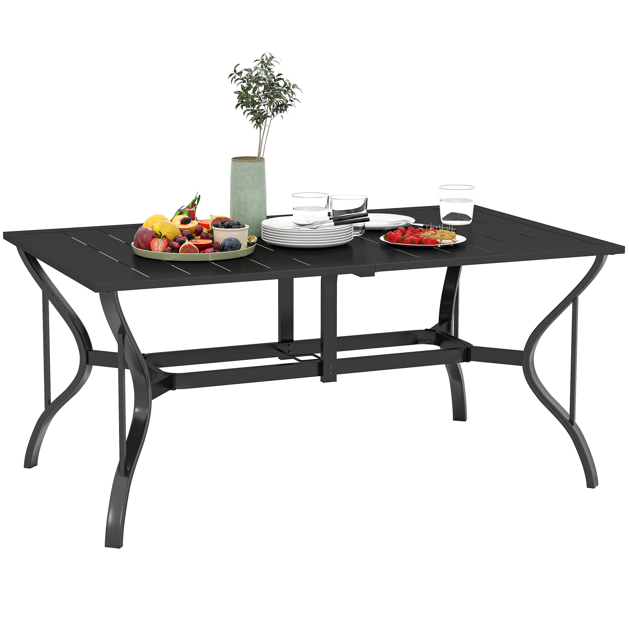 Outsunny Tuintafel Staal 150x90 cm Weerbestendige Balkontafel met Parasolgat, Lamellendesign voor 6 Personen Zwart