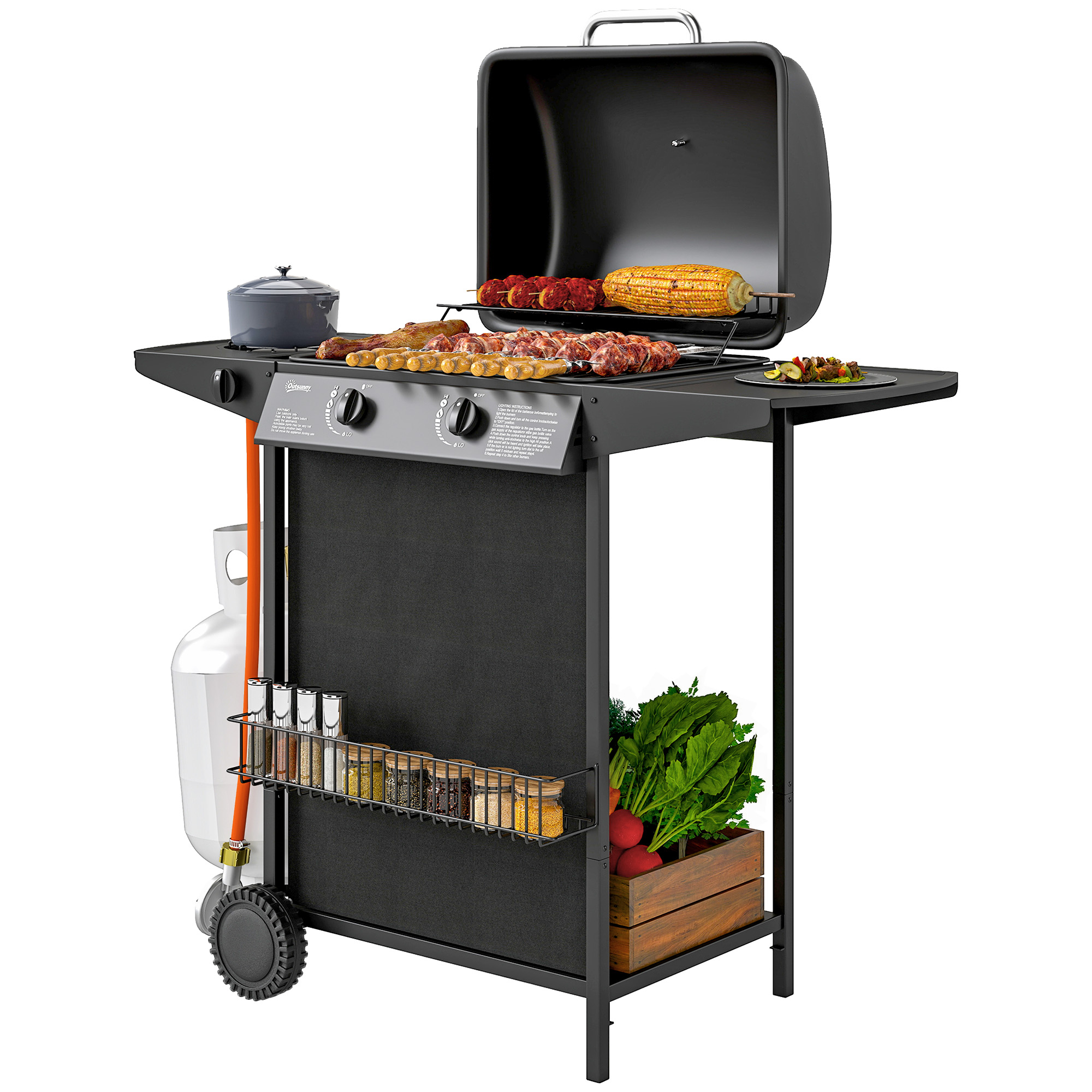 Outsunny Gasbarbecue 7 KW met 3 Branders, Zijbrander, Rollen & Deksel 107 x 54 x 96 cm Zwart