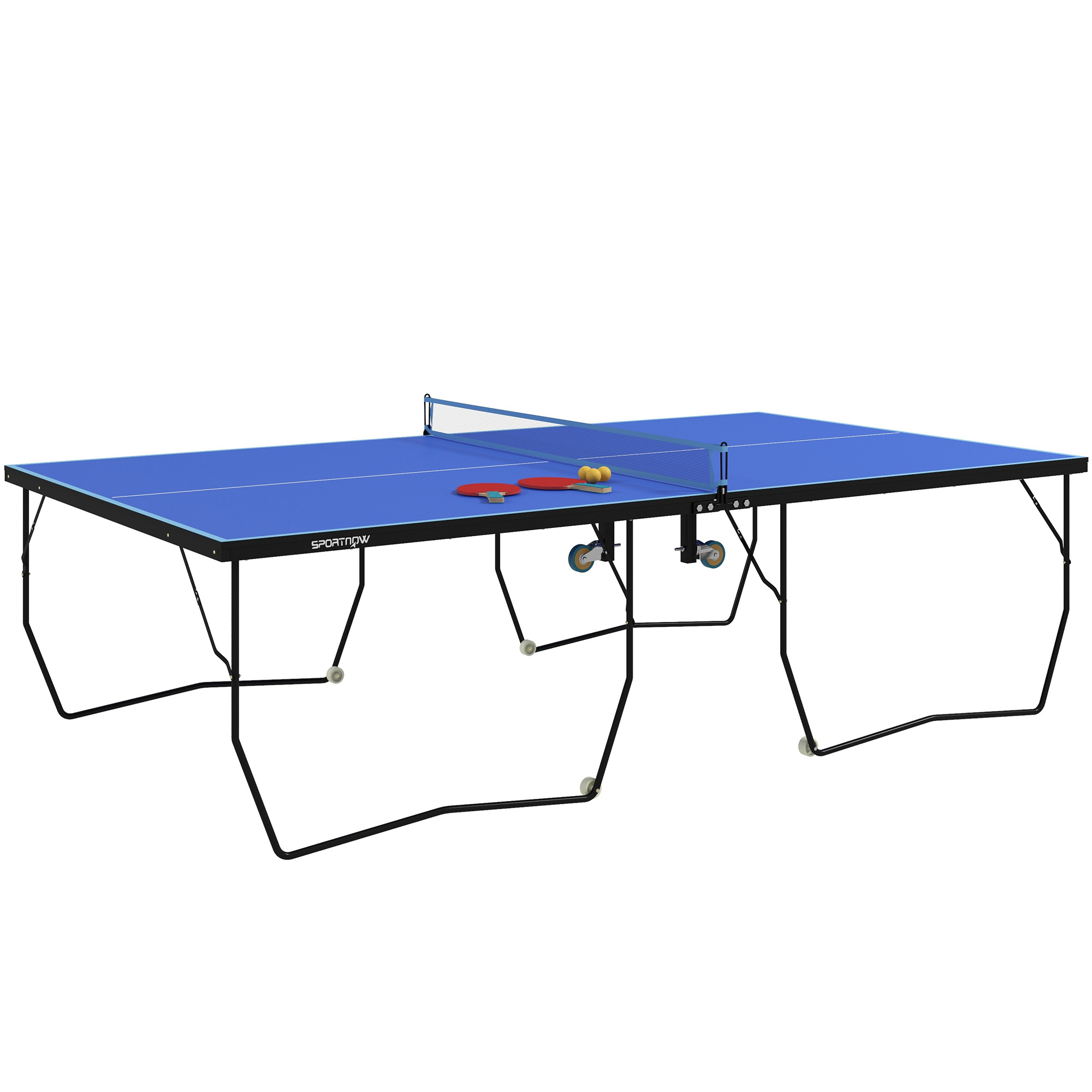 SPORTNOW Opvouwbare Tafeltennistafel, 8 Wielen, Poedergecoat Staalframe, MDF, 274 x 152,5 x 76 cm, Blauw
