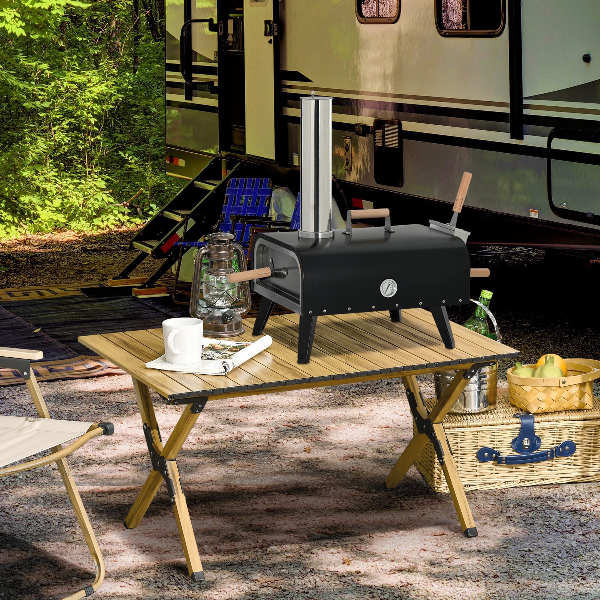 Outsunny Pizzaoven Pizza Houtoven, 1 Pizzaschep, 1 Pizzasteen, 81 x 40 x 72 cm, Zwart + Natuur