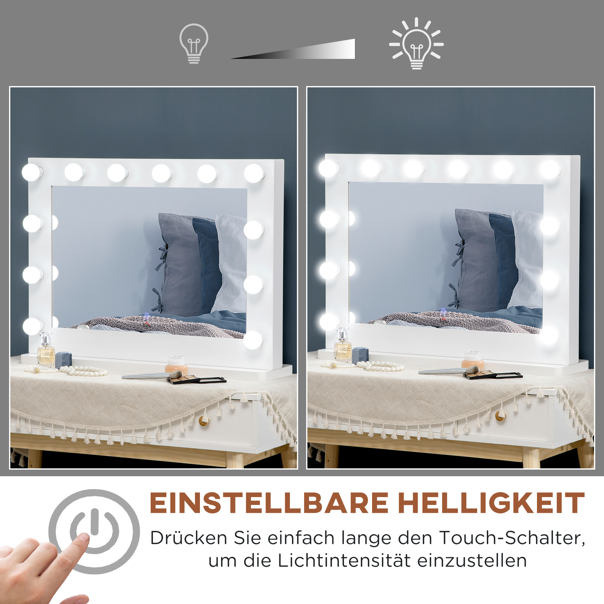 HOMCOM Hollywoodspiegel met verlichting, aanraakbediening, geheugenfunctie, 12 dimbare LED-lampen, wit, 80 x 60 cm
