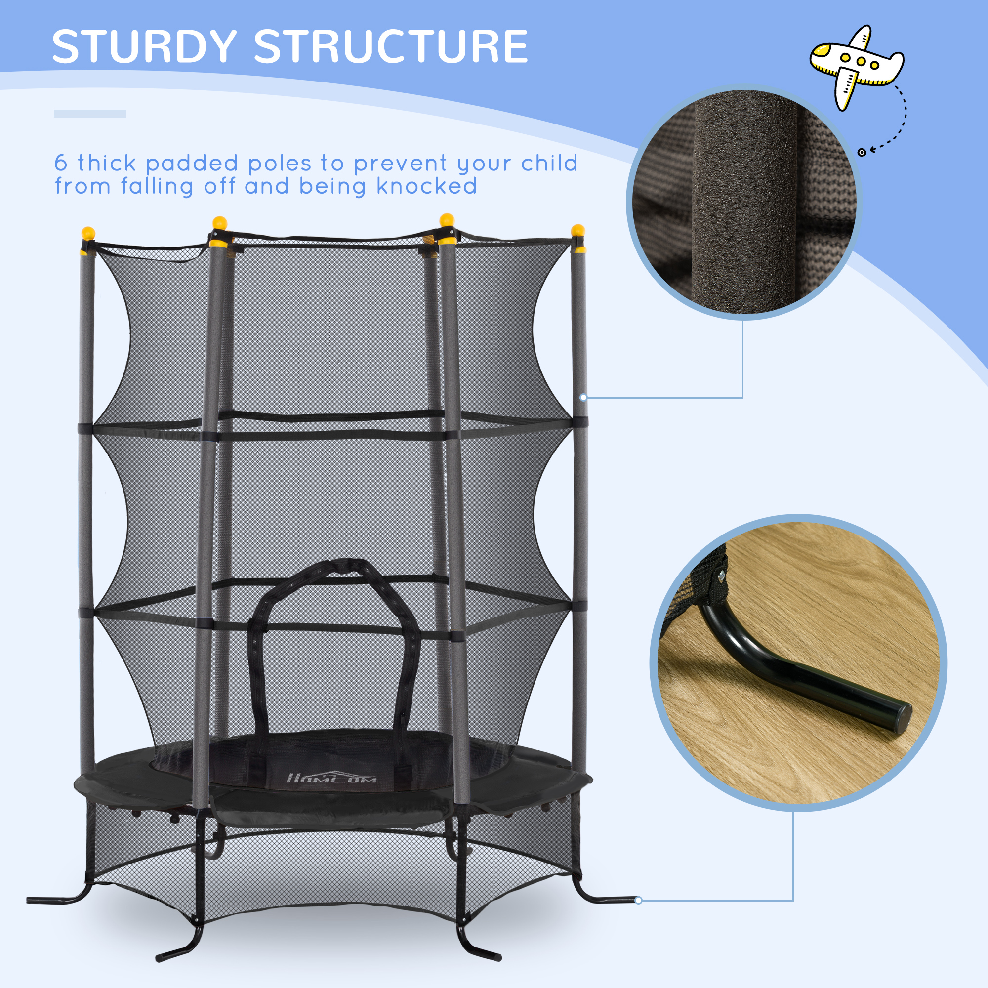 HOMCOM Trampoline voor Kinderen, Ø163 cm, met Veiligheidsnet, Voor Binnen en Buiten, Belasting tot 50 kg, Staal, Kunststof, Zwart