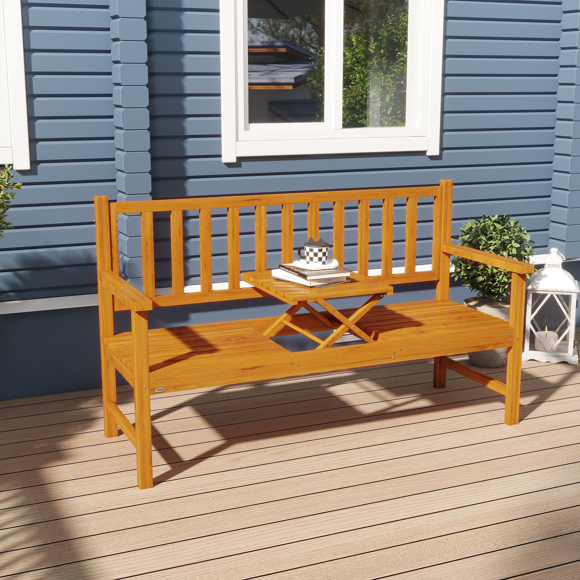 Outsunny Tuinbank Houten Bank Buitenbank, inklapbare Tafel, weerbestendig, Grenenhout, 153 cm x 56 cm x 91 cm, Lichtbruin