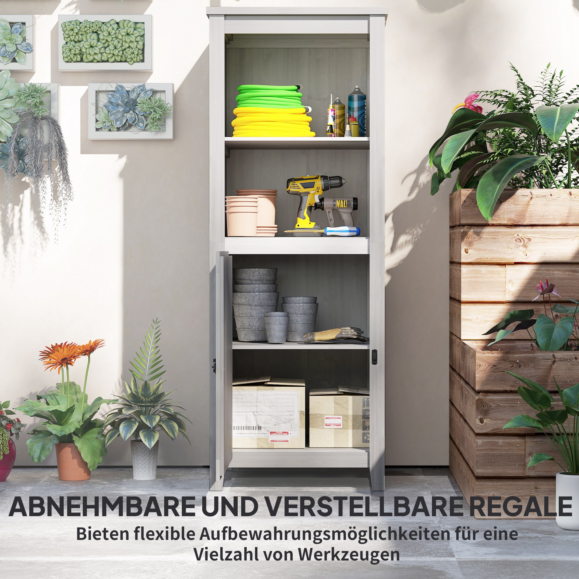 Outsunny Tuinschuur met Schuurdeur, Verstelbare Planken, Slank Ontwerp, Dennenhout, Lichtgrijs