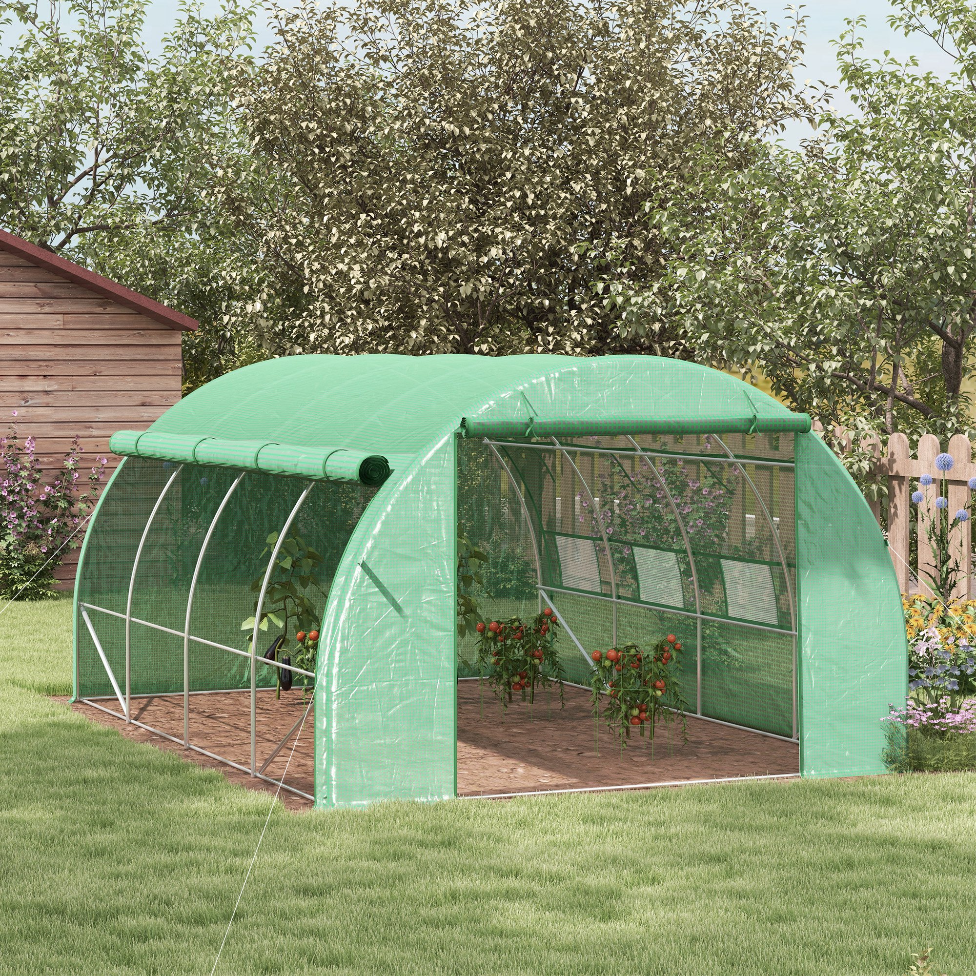 Outsunny Bezoekbare Foliekas, Tuinkas, met Netramen, Metalen Frame, 4x3x2m, Groen