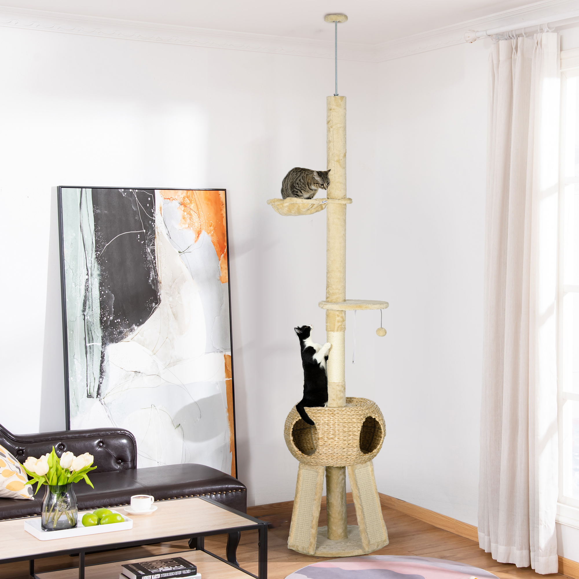 PawHut Krabpaal kattenboom, 1 kattenhol, 1 kattenbed, 1 ligplaats, 1 helling, 60 cm x 40 cm x 98 cm, Natuur + Beige
