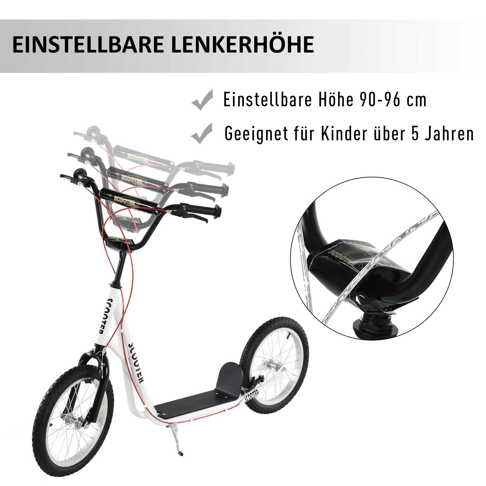 HOMCOM step scooter stadsscooter kinderen luchtband verstelbare step aluminium wit
