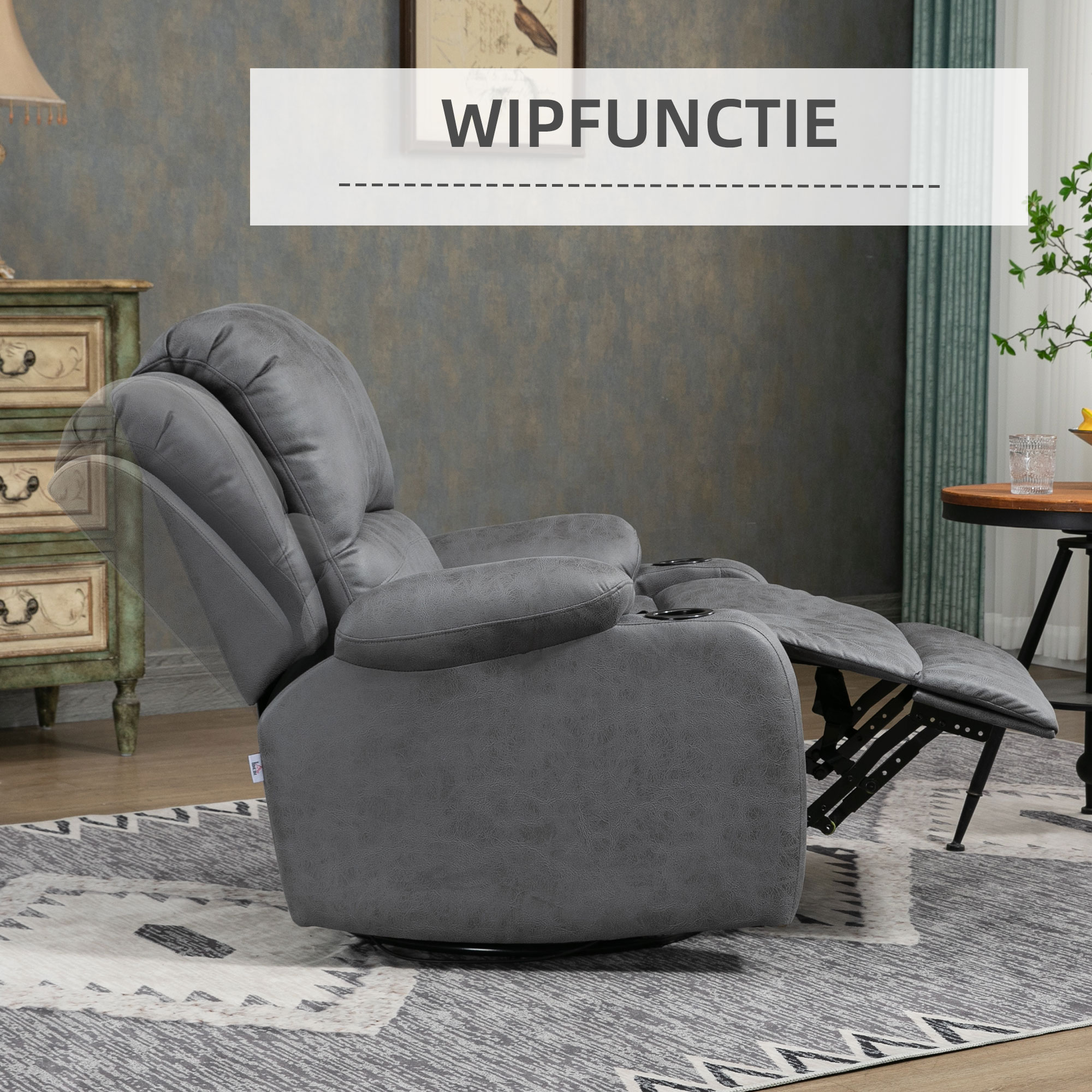 HOMCOM Fauteuil met voetsteun en ligfunctie, incl. bekerhouder, tv-fauteuil, grijs