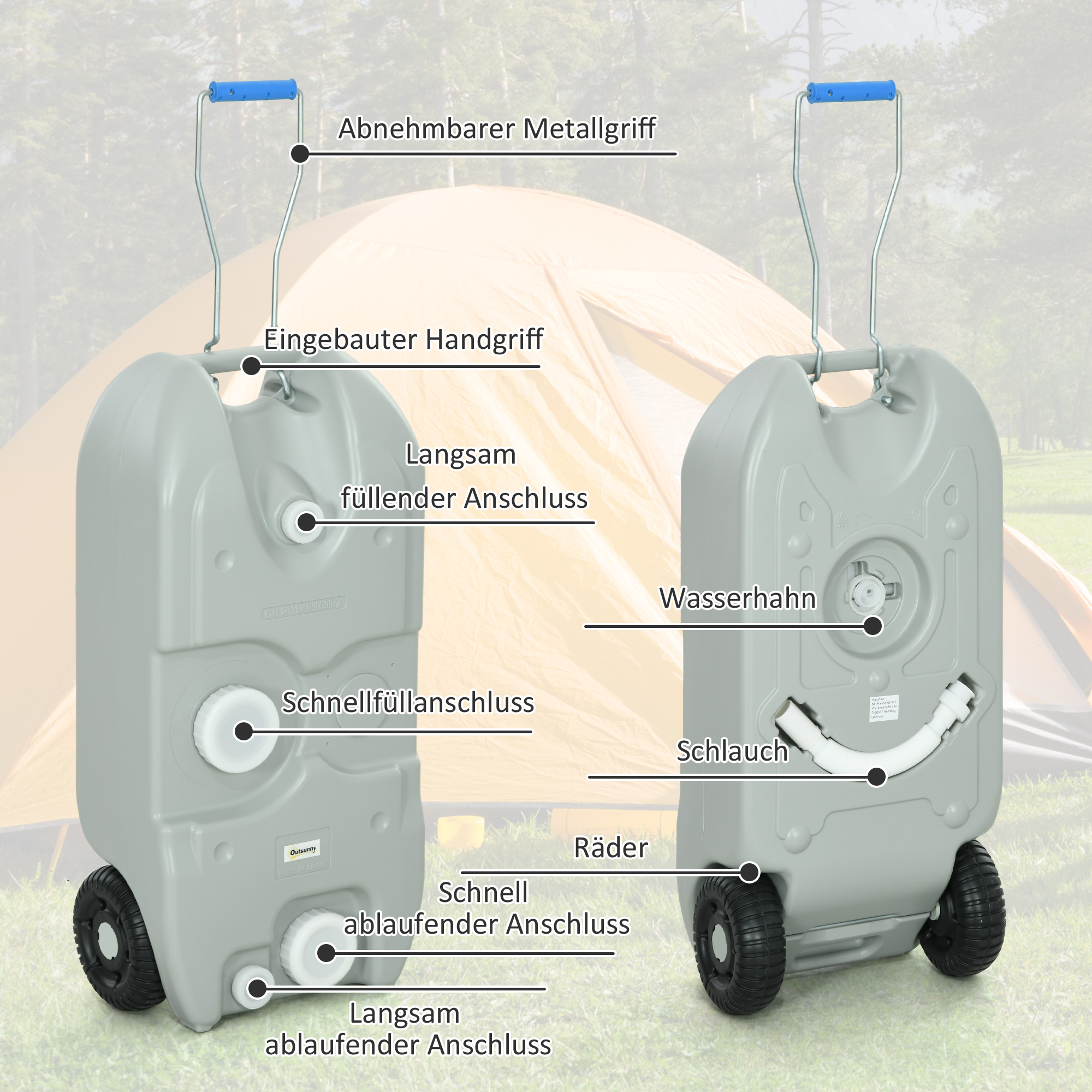 Outsunny Afvalwatertank, 40L, verrijdbaar, met slang, spatvrij, HDPE, 37x23x80cm, Grijs