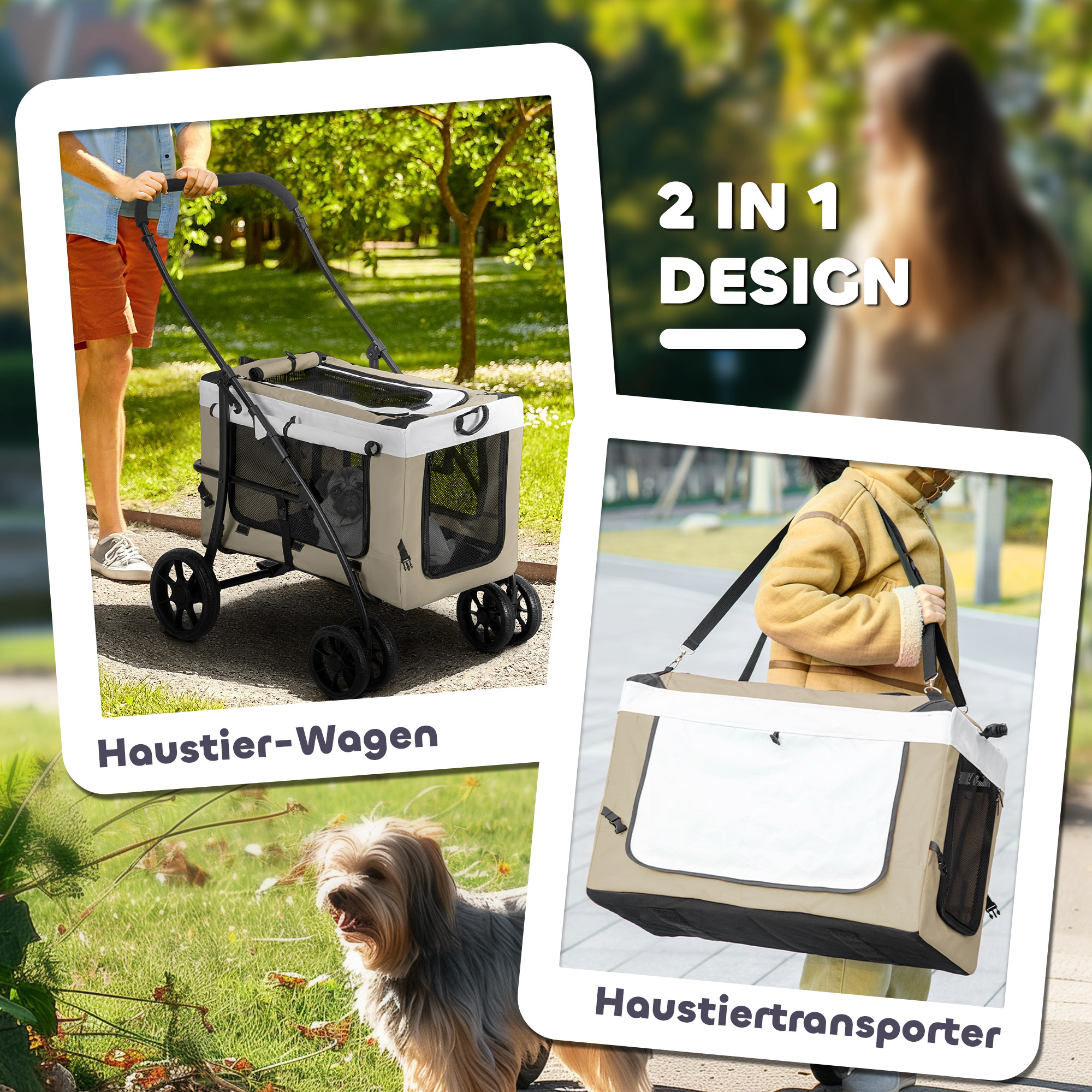 PawHut Hondenbuggy Huisdierbuggy Opvouwbaar met Afneembaar Compartiment, 81 x 58 x 97,5 cm, Zwart+Khaki+Wit