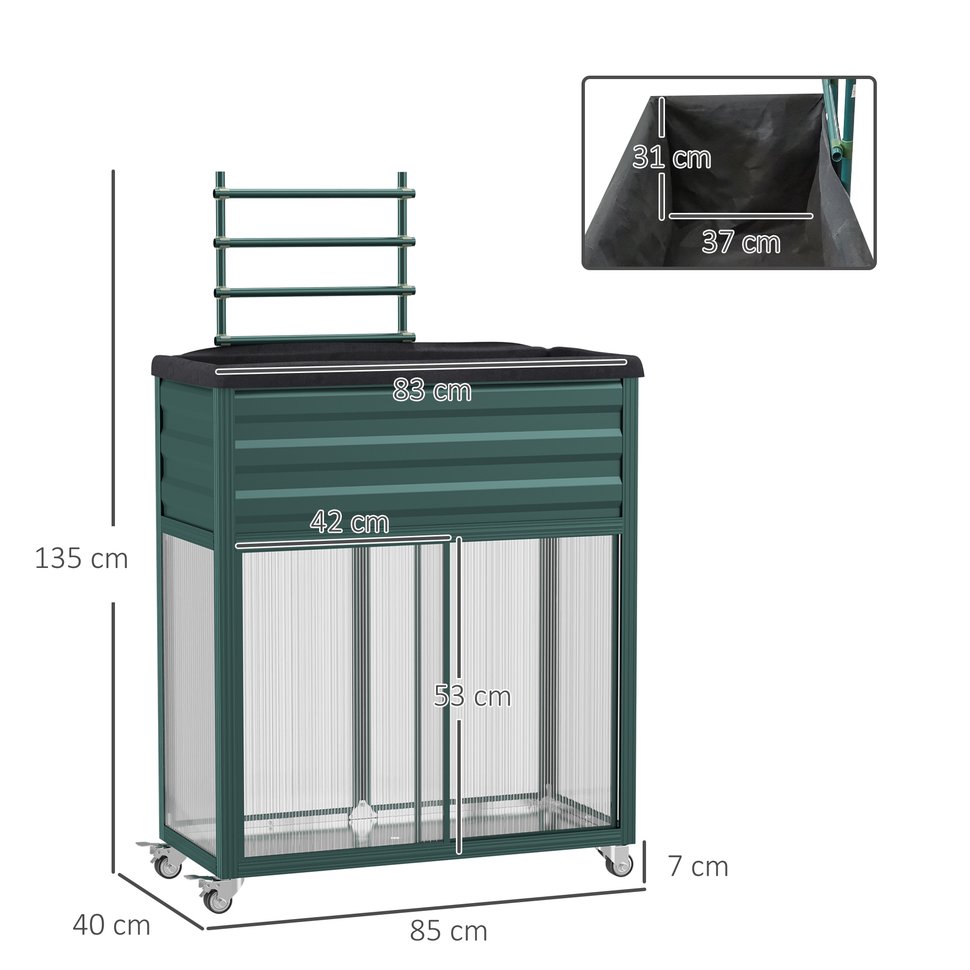 Outsunny Buitenzonnig verhoogd bed met latwerk, bloembak met wielen, plank, staal