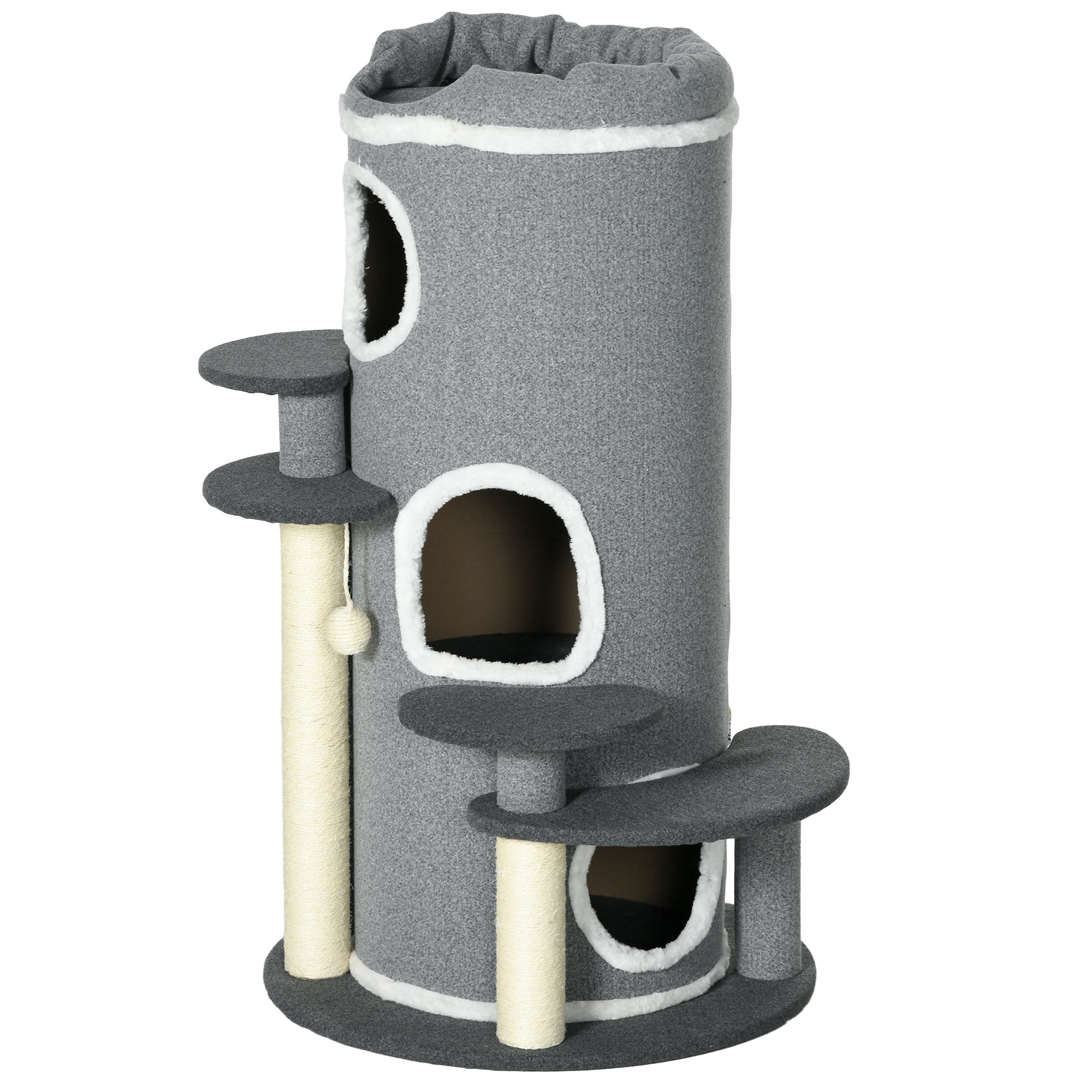 PawHut Kattenkrabpaal Krabton, 2 Kattenholen, 4 Ligplekken, 4 Krabpalen, 57 x 57 x 99 cm, Grijs + Wit