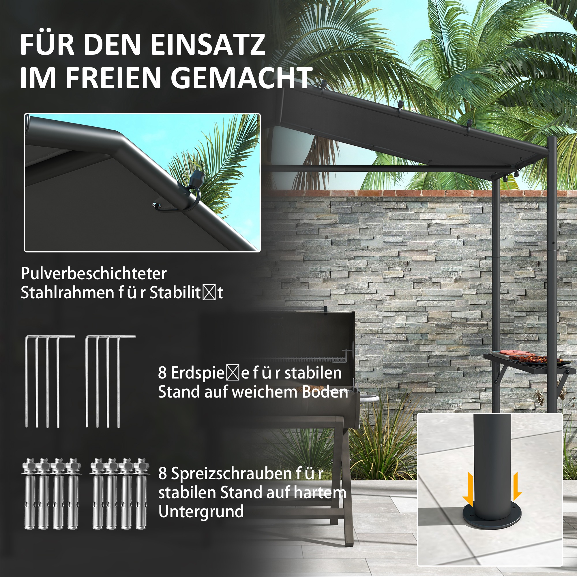 Outsunny Grilltent Grilldak, weerbestendig, inclusief zijvakken, 277 x 149 x 230 cm, Donkergrijs