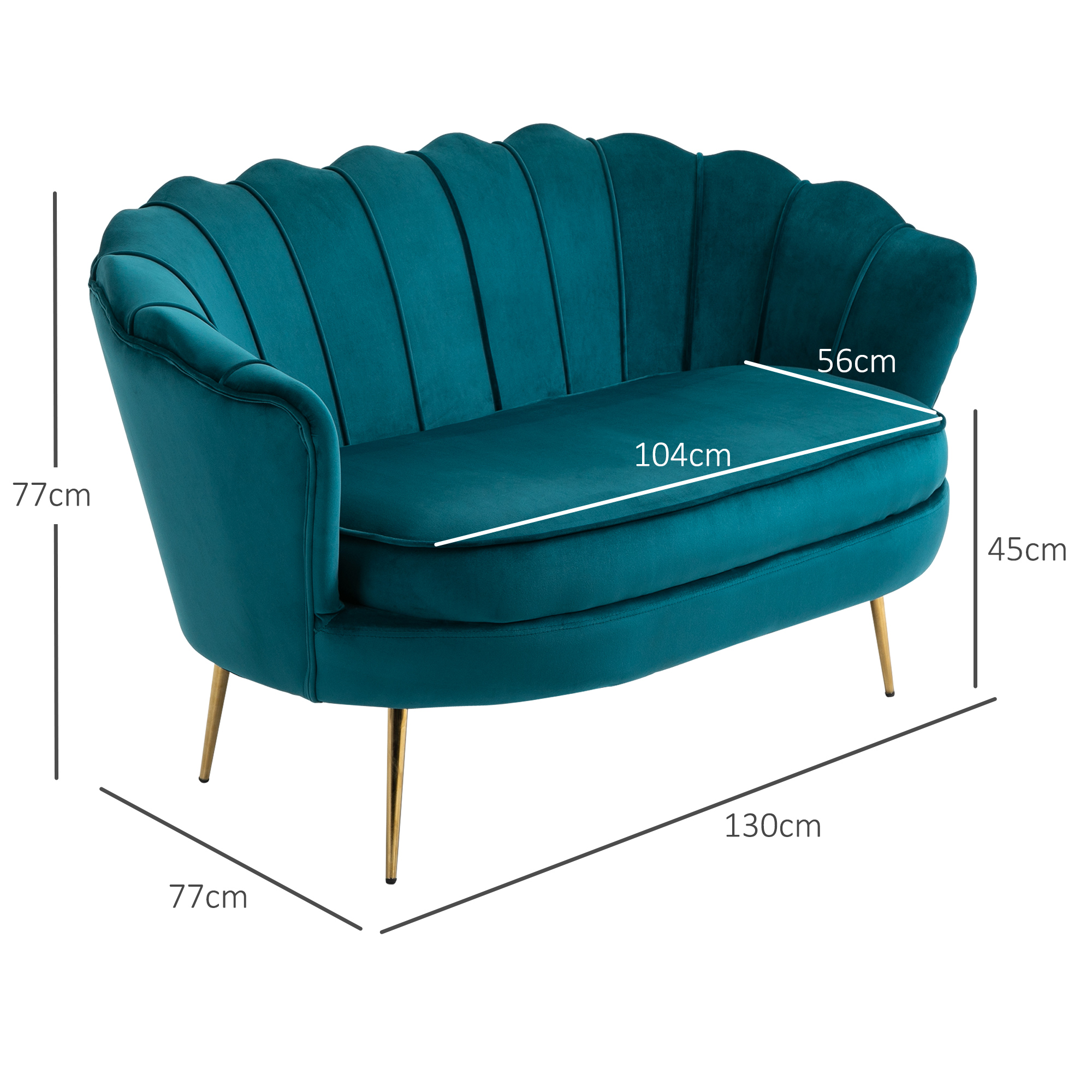 HOMCOM Tweezitsbank, Sofa, Gepolsterde Bank, Samtlook, Dubbelzitbank, tot 150 kg belastbaar, 130 x 77 x 77 cm, Donkergroen
