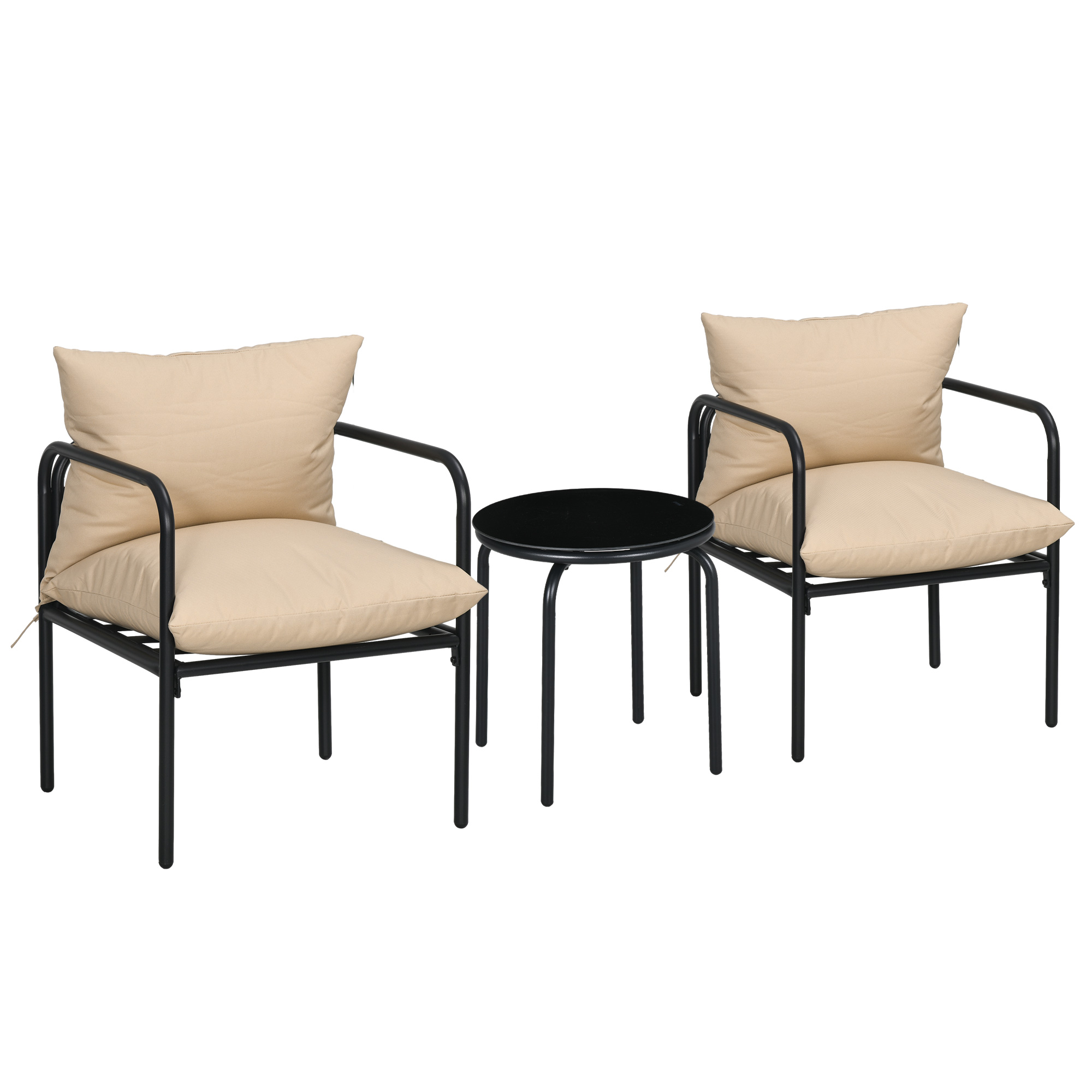 Outsunny Tuinset, 3-delig, 2 stoelen, tafel met glazen blad, zitkussen, metalen frame, beige