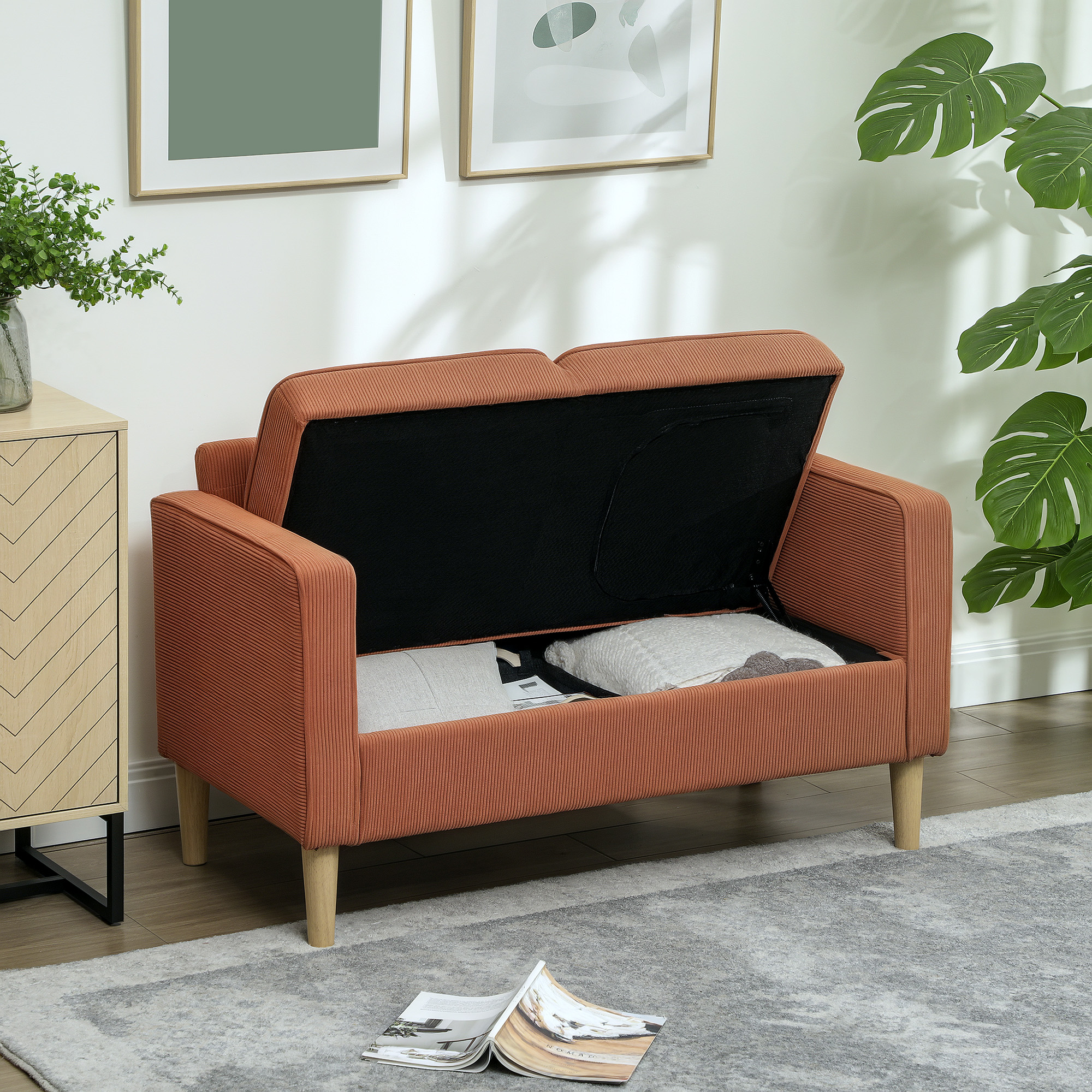 HOMCOM Tweezitsbankje met Opbergruimte en Stevige Houten Poten, voor Woonkamer, Slaapkamer, 117 x 63 x 79 cm, Roze
