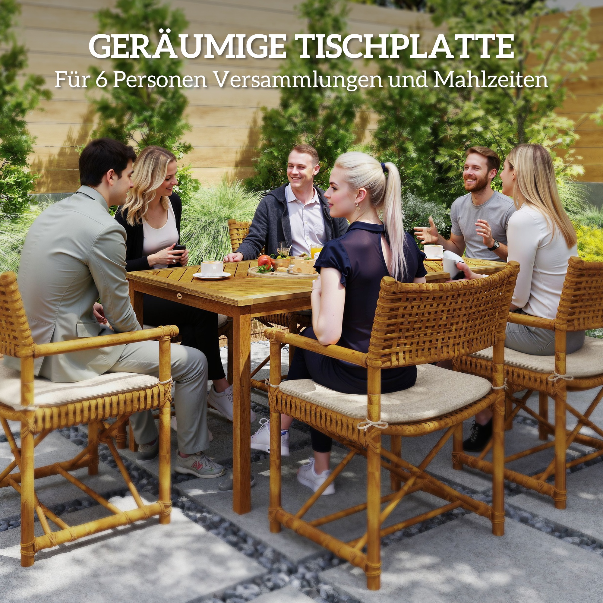 Outsunny Tuintafel inklapbaar 150x85cm, Weerbestendige Balkontafel van Hout, 6-Persoons met Parasolgat, Lamellenontwerp Teak