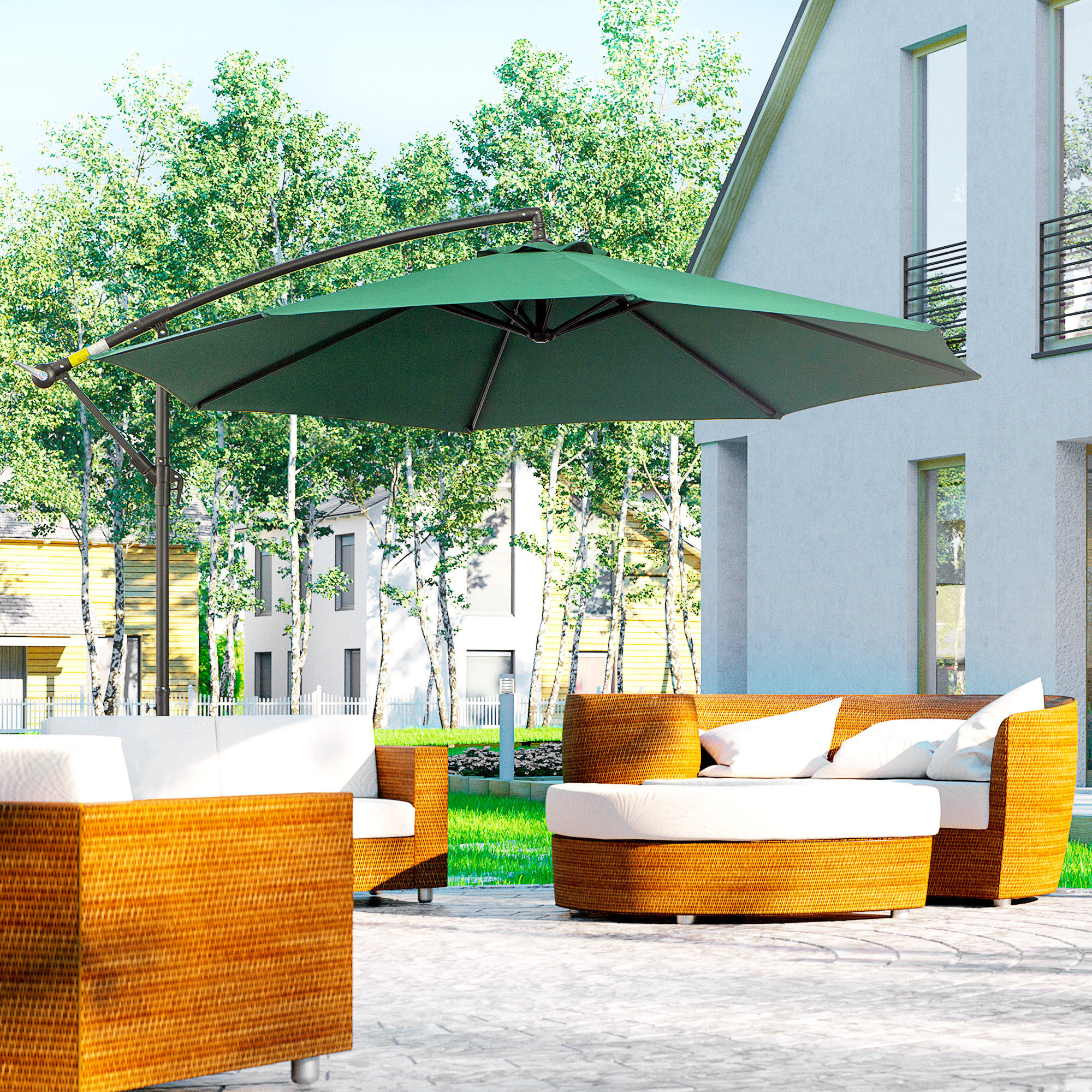 Outsunny Parasol met Handzwengel Weerbestendig 3 m x 3 m x 2,5 m XXL Groen