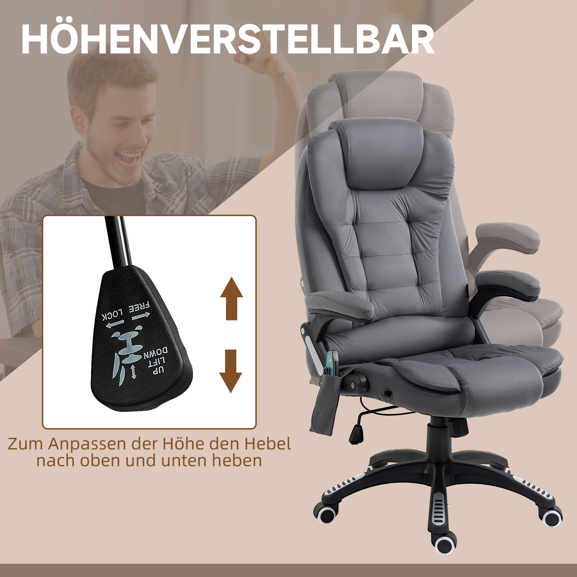 Vinsetto Bureaustoel met Massage- & Verwarmingselement, ergonomisch, in hoogte verstelbaar, Donkergrijs