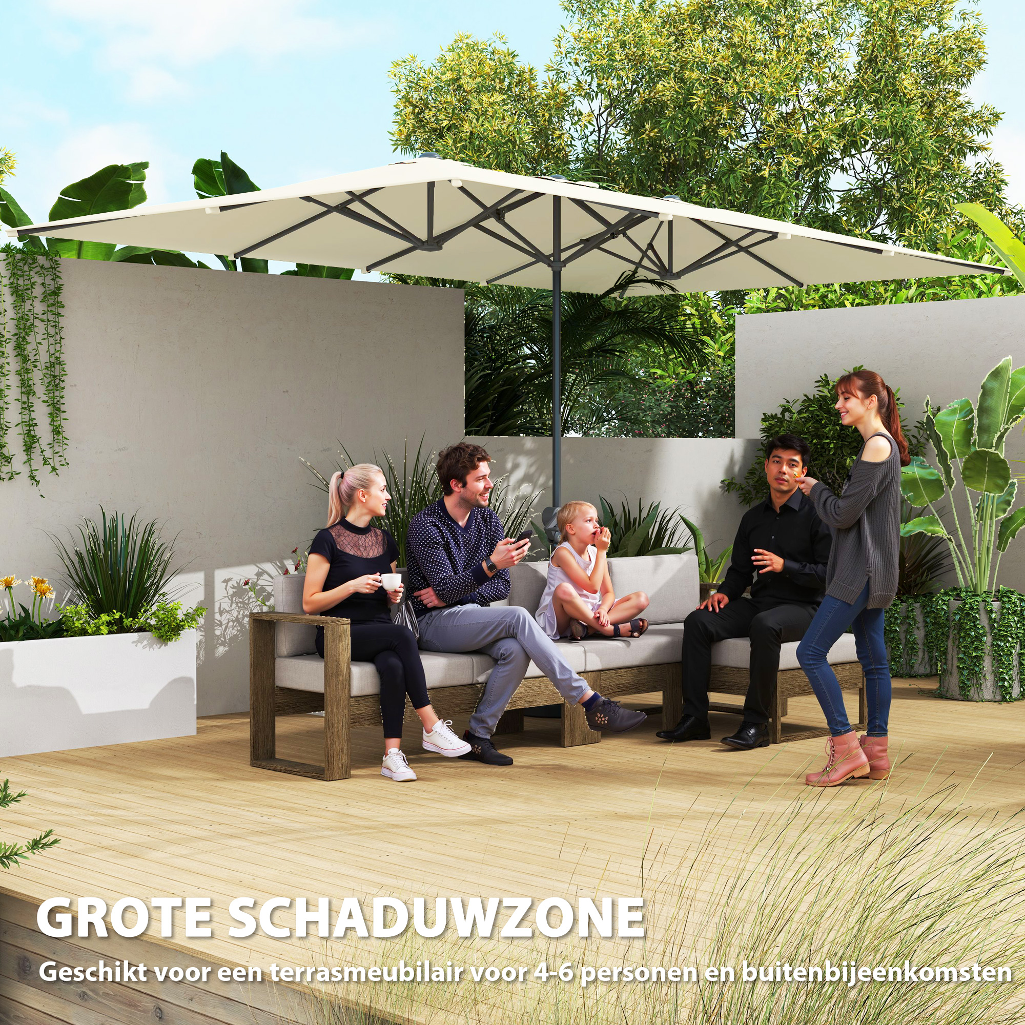 Outsunny Dubbelzijdige Parasol, 451 x 264 cm Zonnescherm met Kruksysteem, 12 Metalen Baleinen, Aluminiummast, Crèmewit