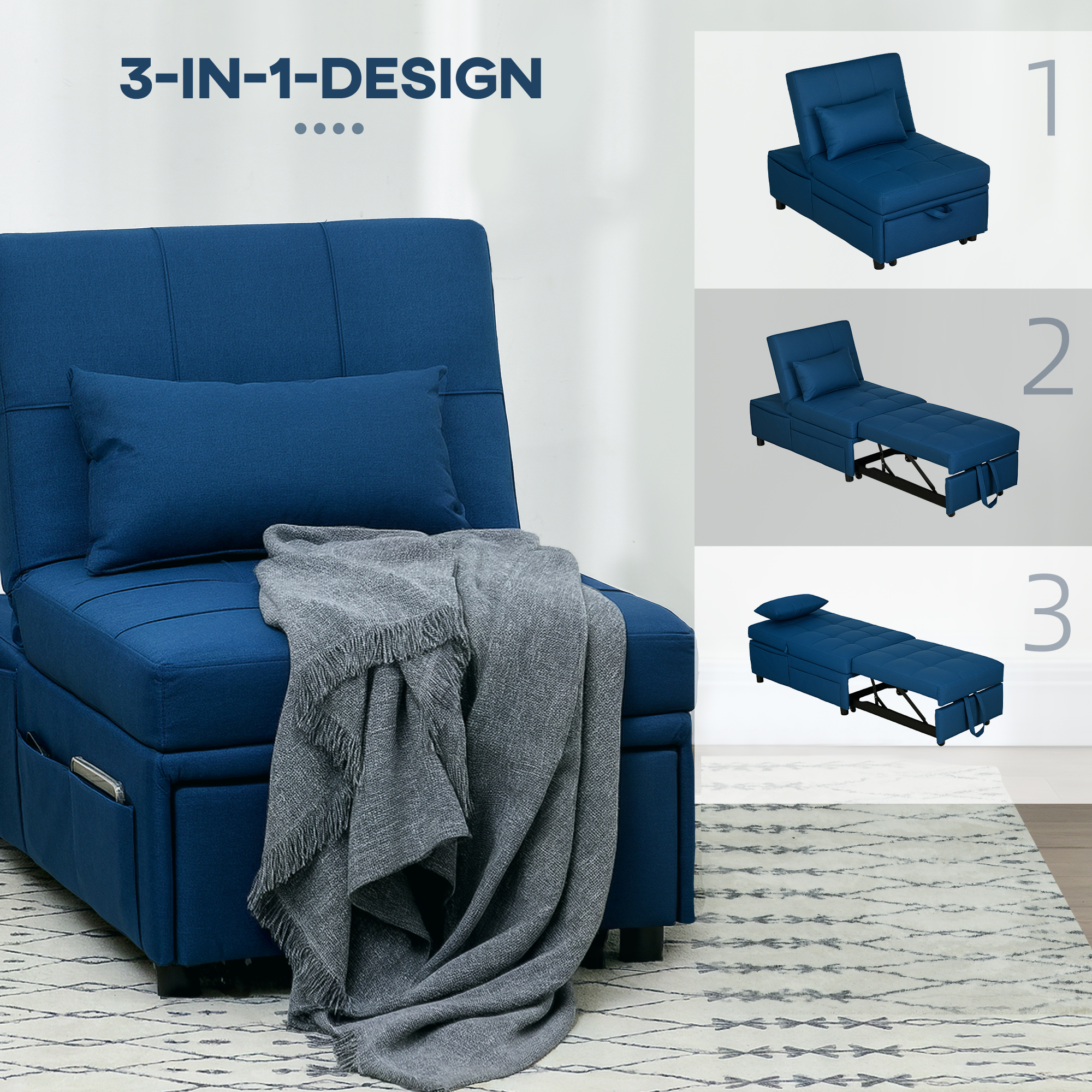 HOMCOM 3-in-1 Opvouwbare Fauteuil met Zijvak, Gastenbed met Kussen, Verstelbare Rugleuning, Stoelbed met Wielen, Blauw