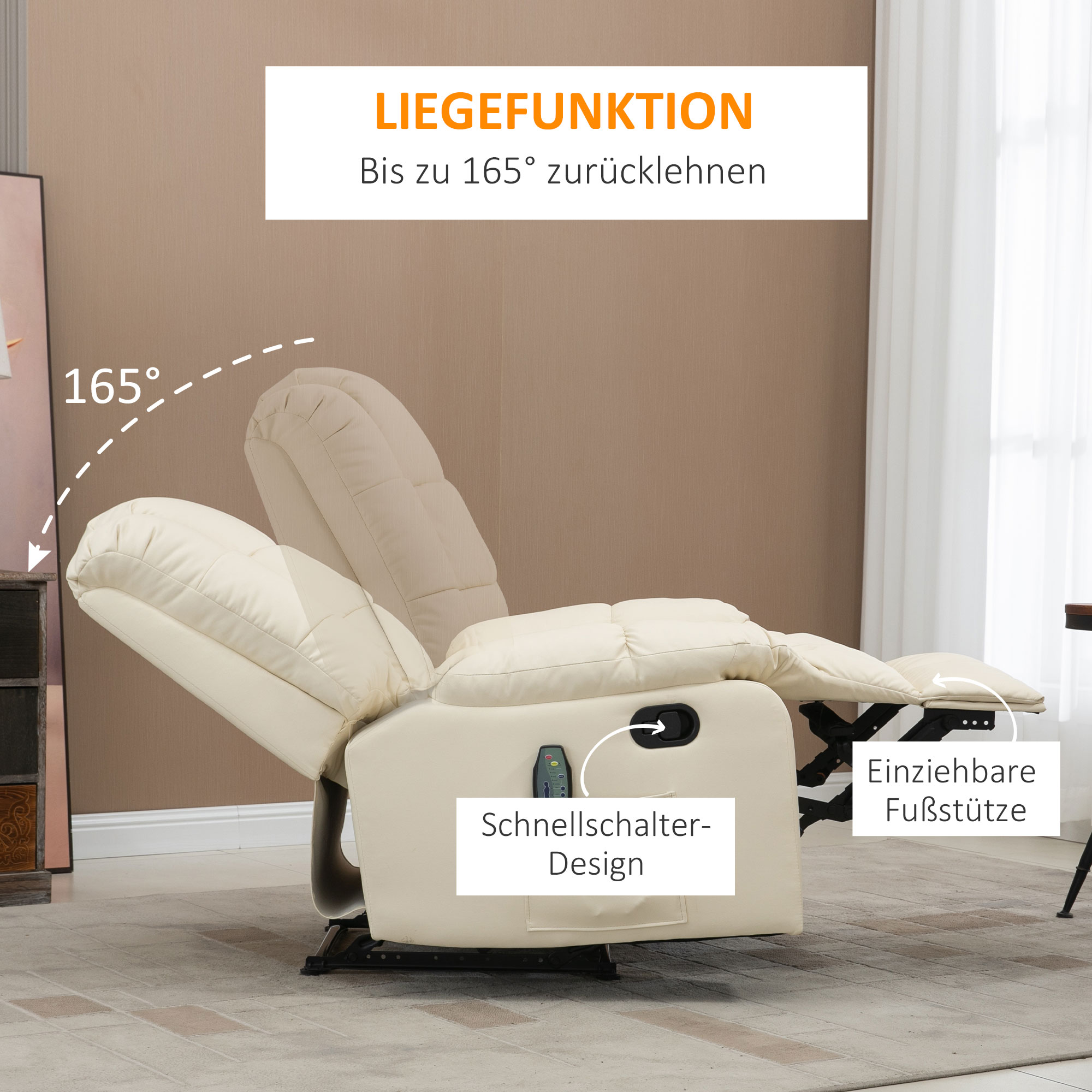 HOMCOM massagestoel, fauteuil, 8 trillingspunten, ligfunctie, kunstleer, roomwit, 94x99x99cm