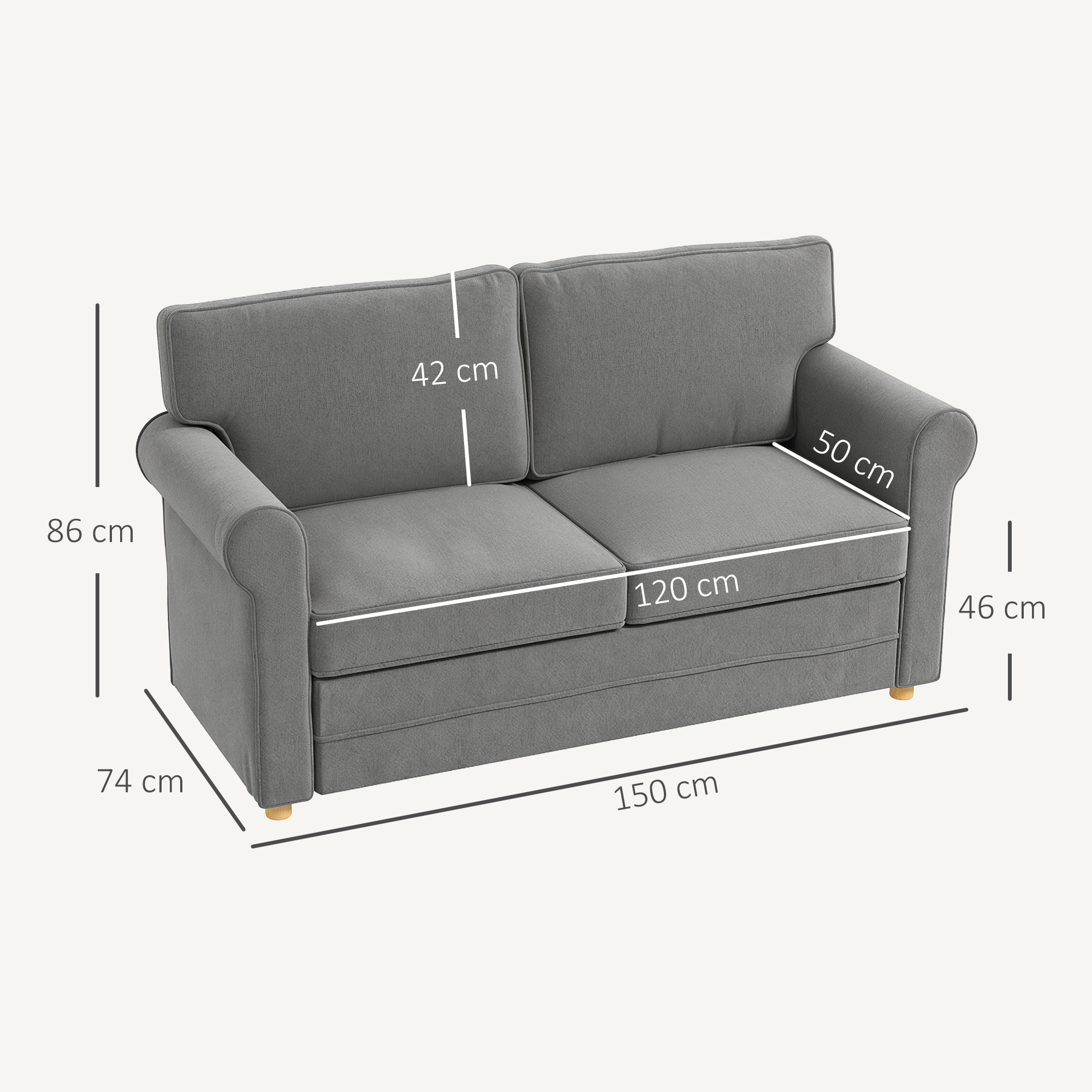 HOMCOM 2-zitsbank, Compacte Woonkamerbank, Stof in Linnenlook, Zachte Zitkussens, Stalen Frame, Donkergrijs