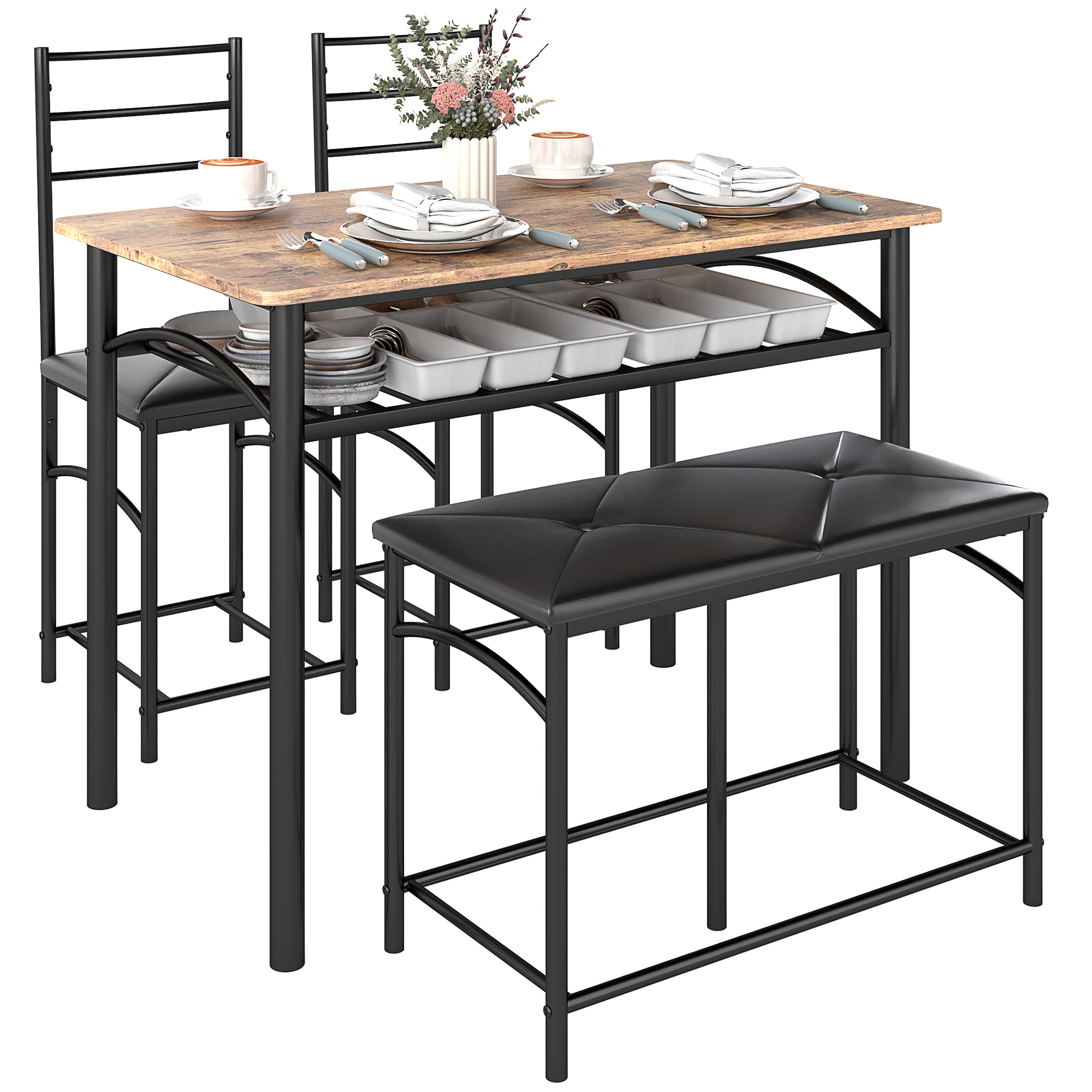 HOMCOM 4-Delige Eetkamerset, Ruimtebesparende Set met Tafel, 2 Stoelen en Bank voor Kleine Ruimtes, Metaal, Hout, Bruin